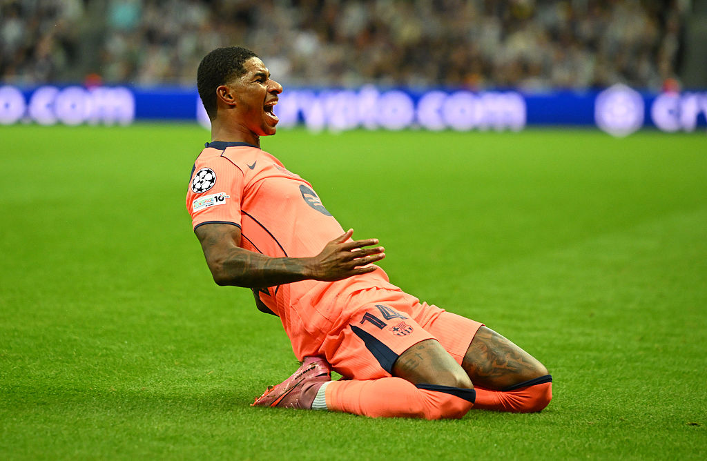Marcus Rashford of FC Barcelona celebrates scoring his team's first goal during the UEFA Champions League 2025/26 League Phase MD1 match