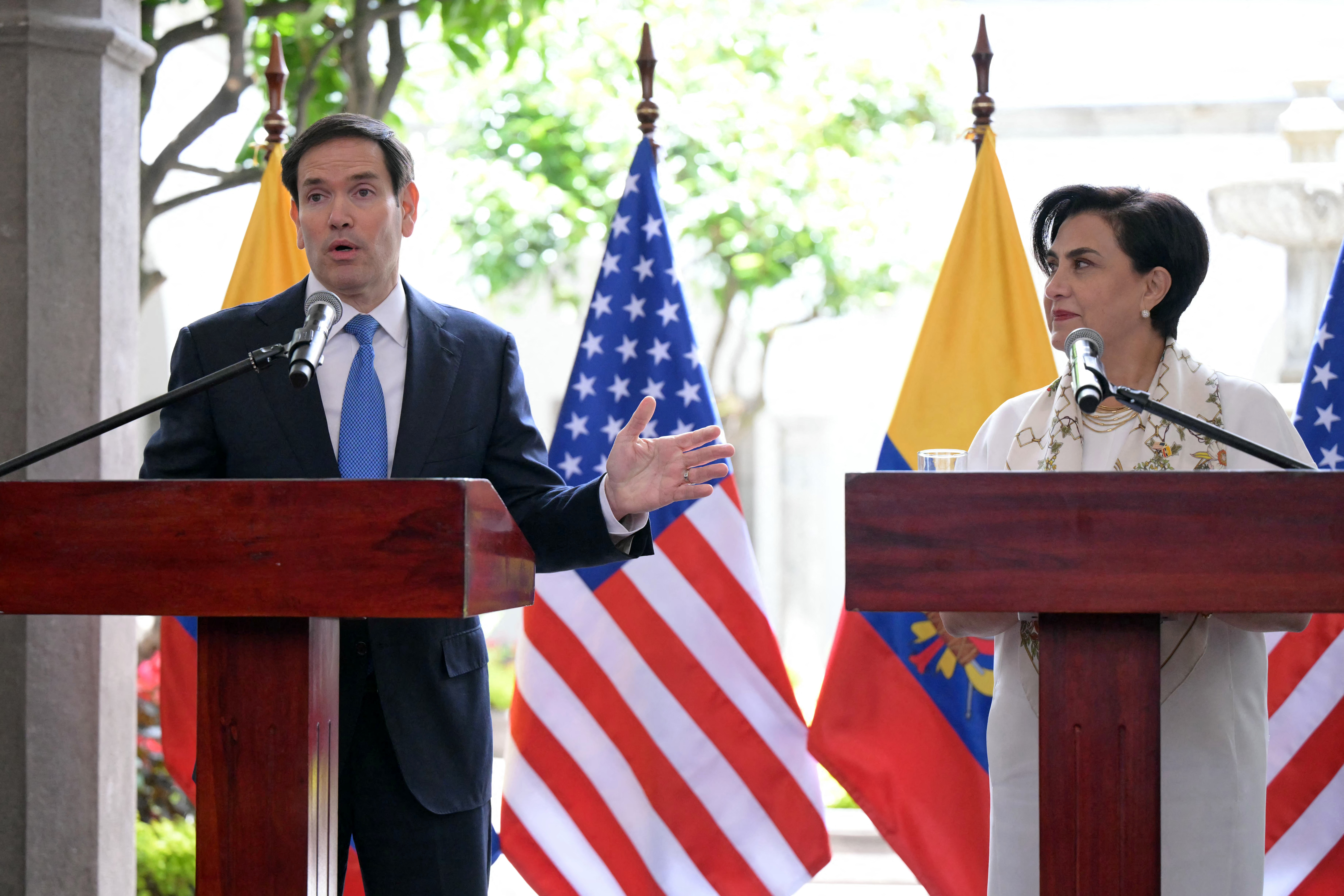 US Secretary of State Marco Rubio (L) and Ecuador's Foreign Minister Gabriela Sommerfeld talk to each other as they offer a joint press conference at Carondelet Presidential Palace in Quito on September 4, 2025.
