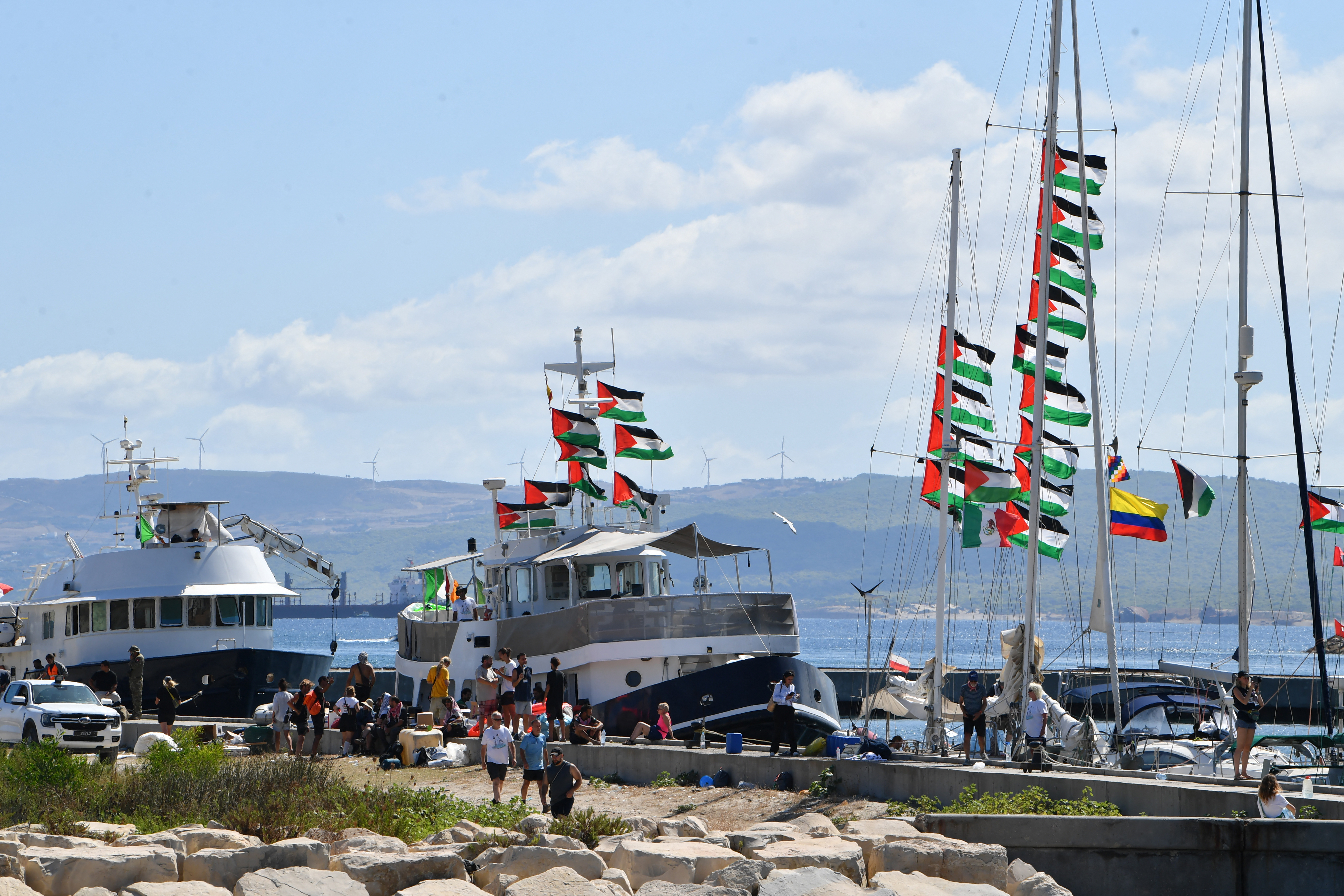 Boats, part of the Global Sumud Flotilla gather at the Tunisian port of Bizerte, ahead of the scheduled departure to the Gaza Strip to break Israel's blockade on the Palestinian territory on September 13, 2025 [AFP]