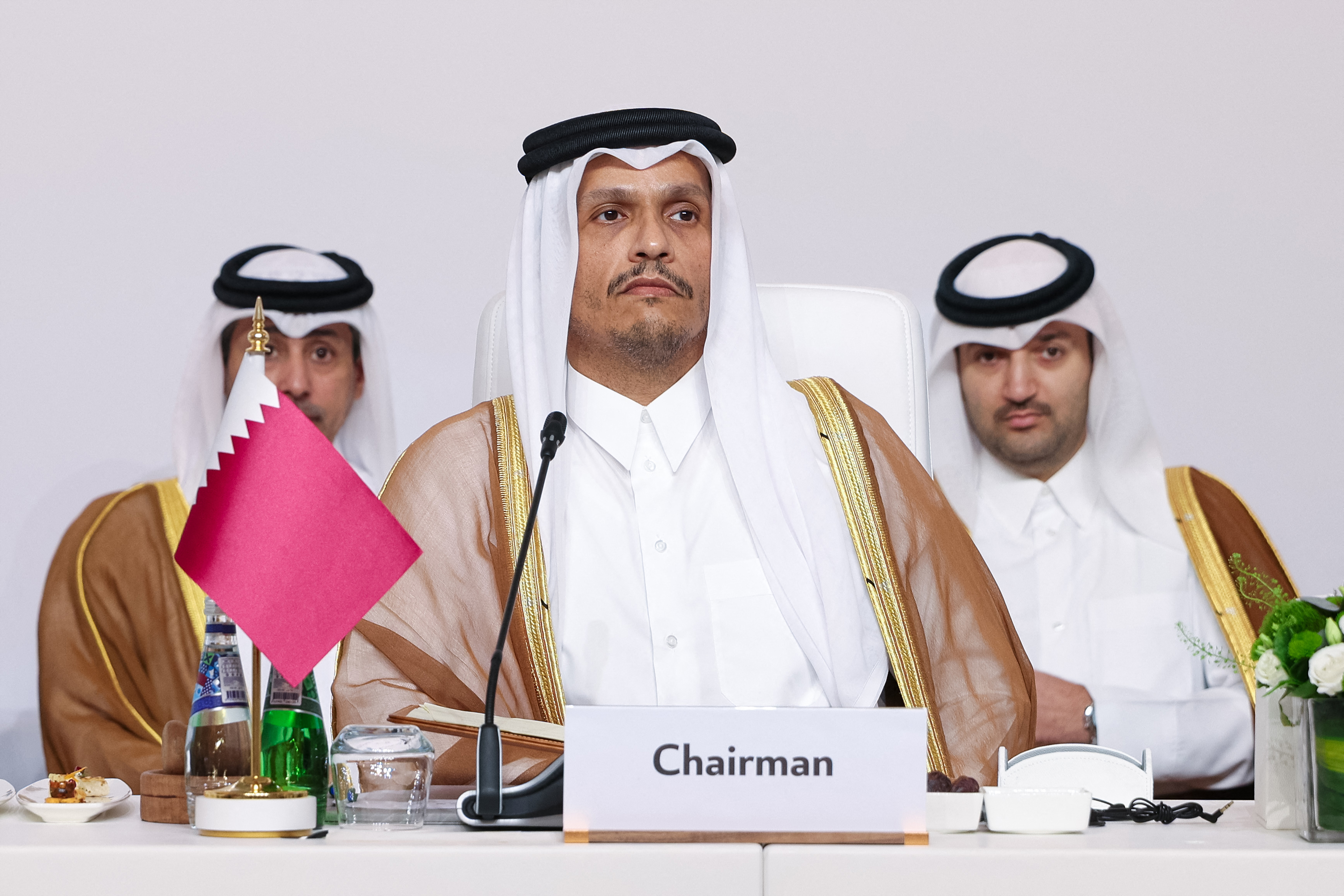 This handout image provided by Qatar's Ministry of Foreign Affairs shows Qatar's Prime Minister and Foreign Minister Mohammed bin Abdulrahman Al-Thani chairing a preparatory meeting in Doha on September 14, 2025, ahead of an Arab Islamic summit.