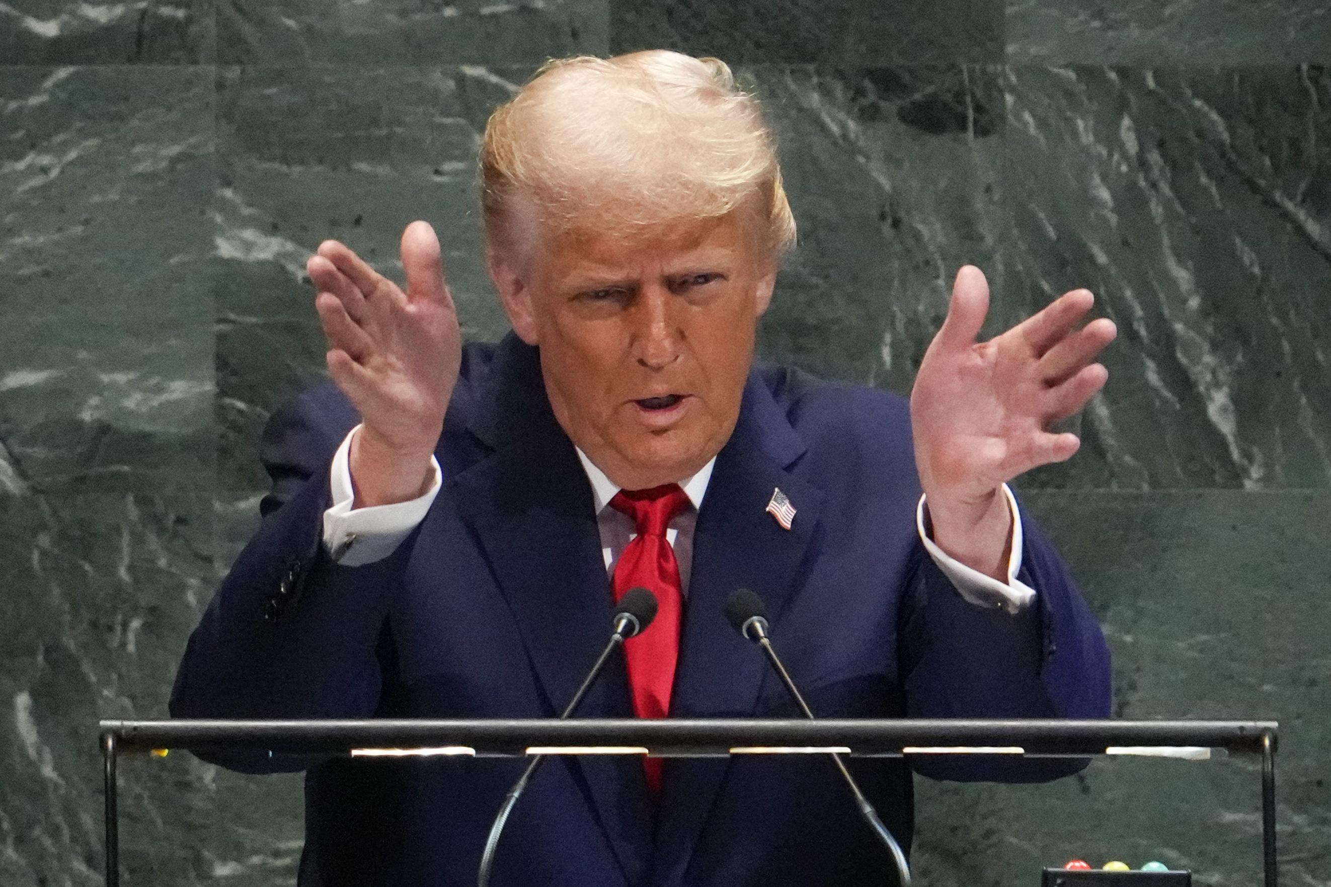 US President Donald Trump delivers remarks to the United Nations General Assembly at the UN headquarters in New York City on September 23, 2025. (Photo by TIMOTHY A. CLARY / AFP)
