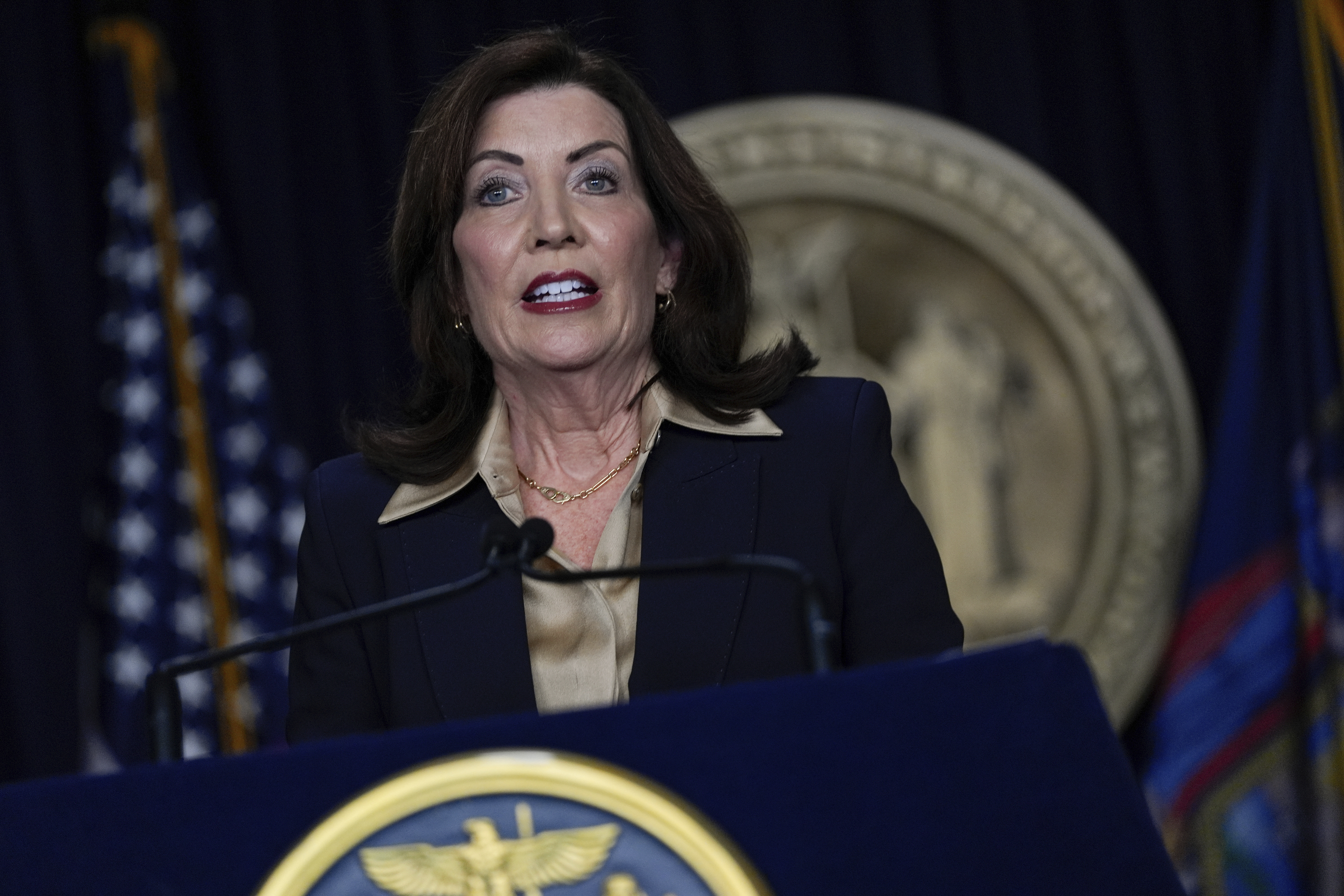 FILE - New York Gov. Kathy Hochul speaks at a news conference on New York City Mayor Eric Adams, not pictured, Thursday, Feb. 20, 2025, in New York. (AP Photo/Julia Demaree Nikhinson, File)