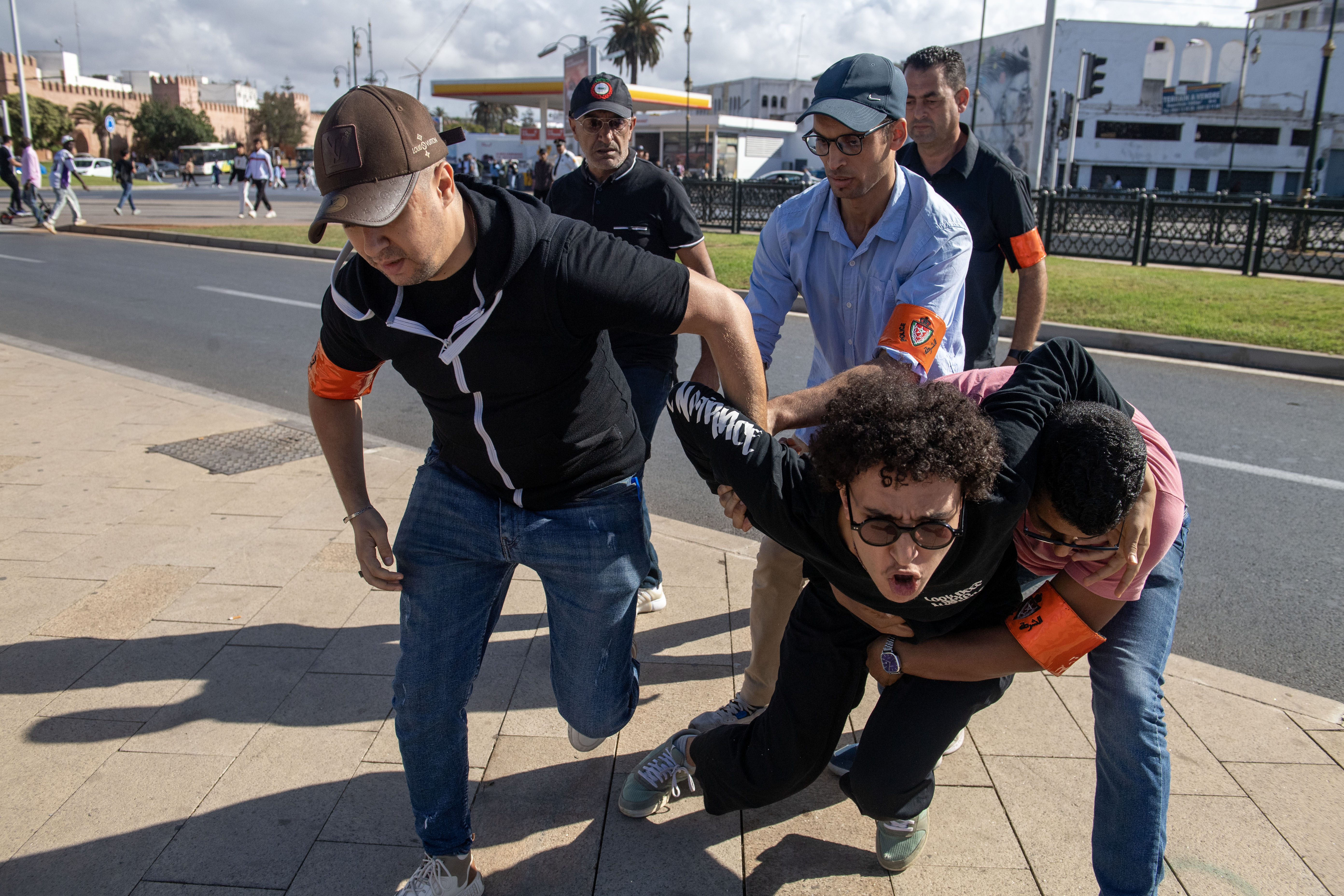 Protesters face police during a demonstration.