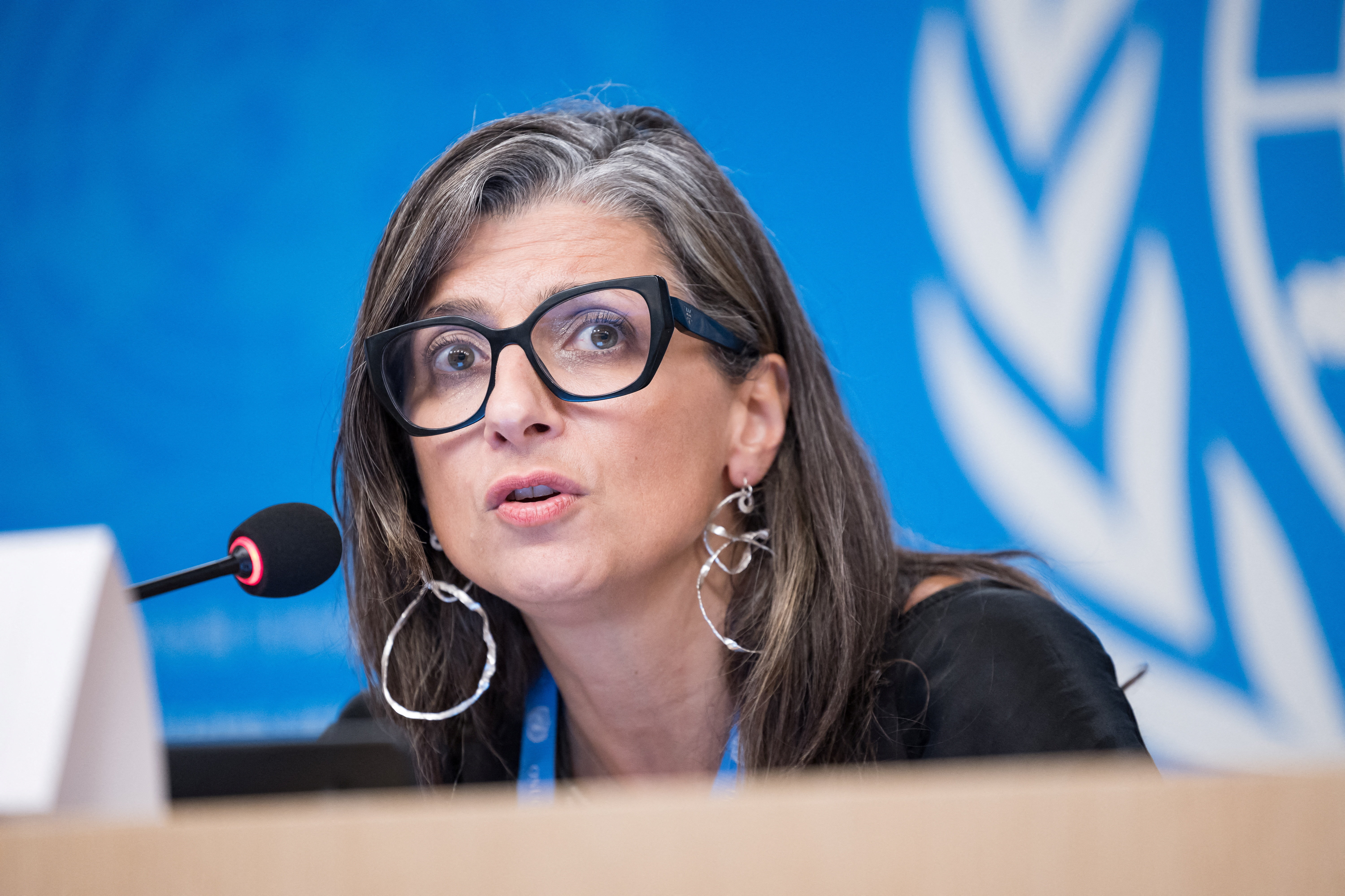 United Nations Special Rapporteur on the situation of human rights in the occupied Palestinian territory, Francesca Albanese, speaks during a press conference at the European headquarters of the UN in Geneva, Switzerland, September 15, 2025. REUTERS/Pierre Albouy