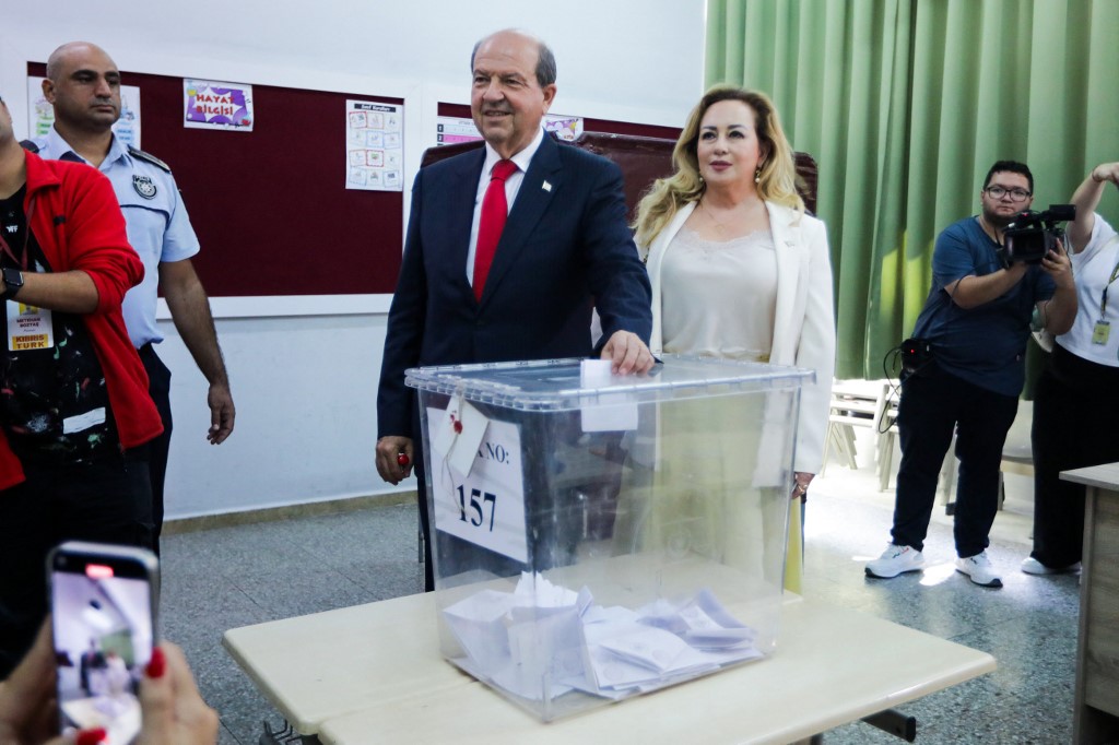 Turkish Cypriot leader Ersin Tatar casts his ballot at a polling station during the Turkish Cypriot leadership election in the Turkish Republic of Northern Cyprus (TRNC) on October 19, 2025. [Birol Bebek/AFP]