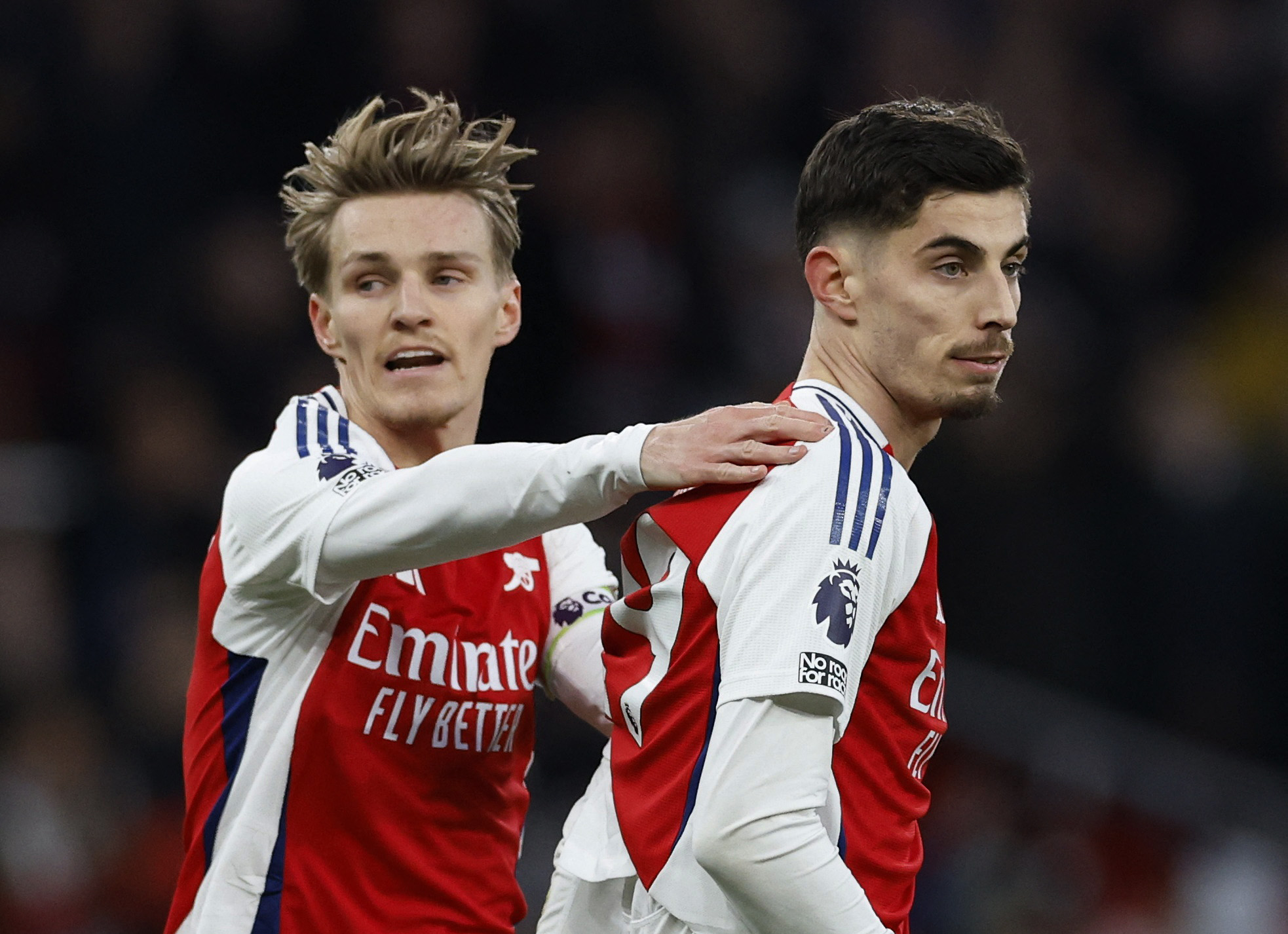 Martin Odegaard with Kai Havertz react.