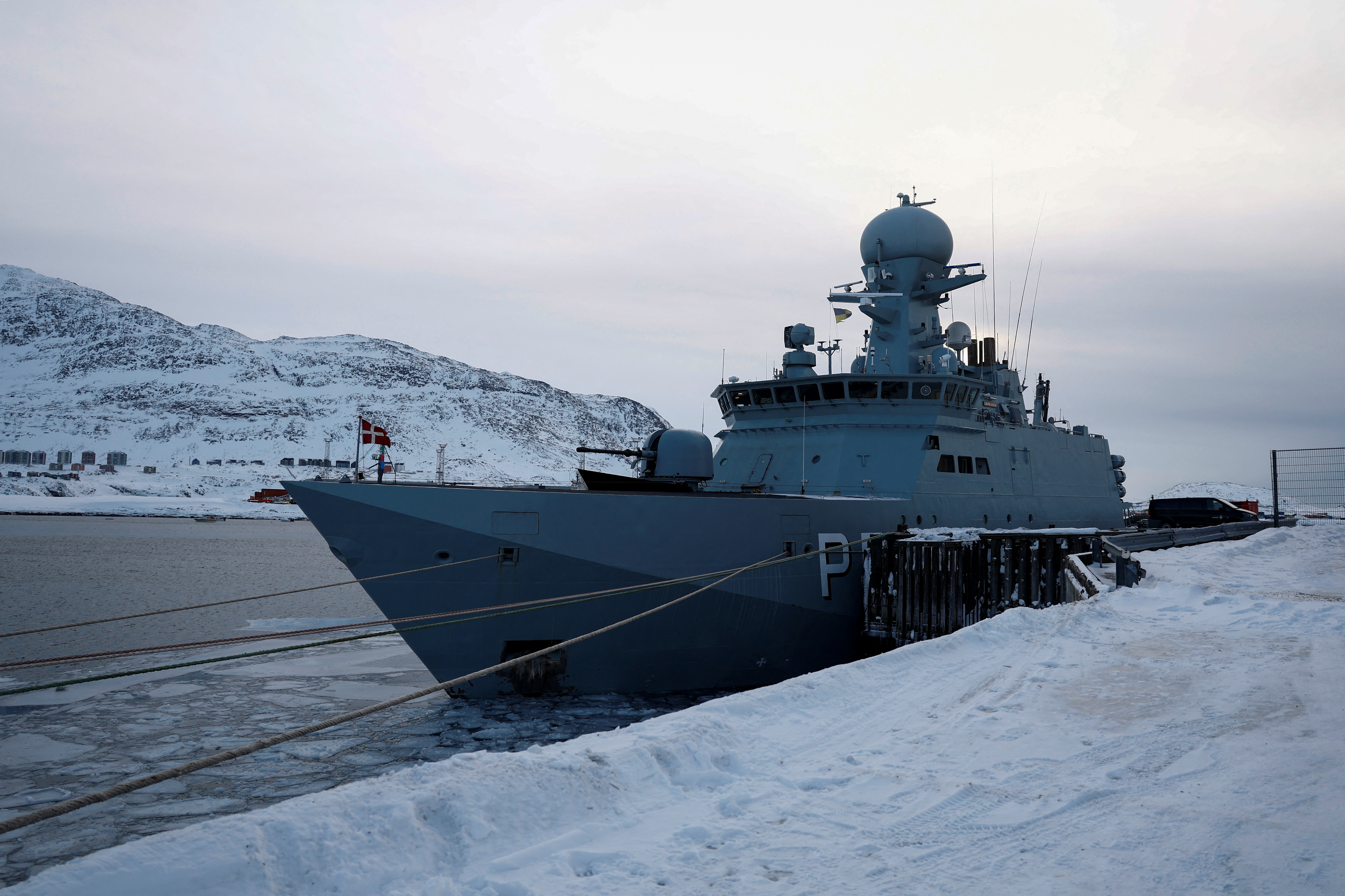 The Danish military vessel P572 Lauge Koch is moored in Nuuk's port, Greenland, February 8, 2025. Relations between Greenland and Denmark have been strained over the past decade by revelations of historical misconduct by Danish authorities, including removal of Inuit children from their families and forced contraception for women and girls. REUTERS/Sarah Meyssonnier SEARCH "MEYSSONNIER GREENLAND INDEPENDENCE" FOR THIS STORY. SEARCH "WIDER IMAGE" FOR ALL STORIES.