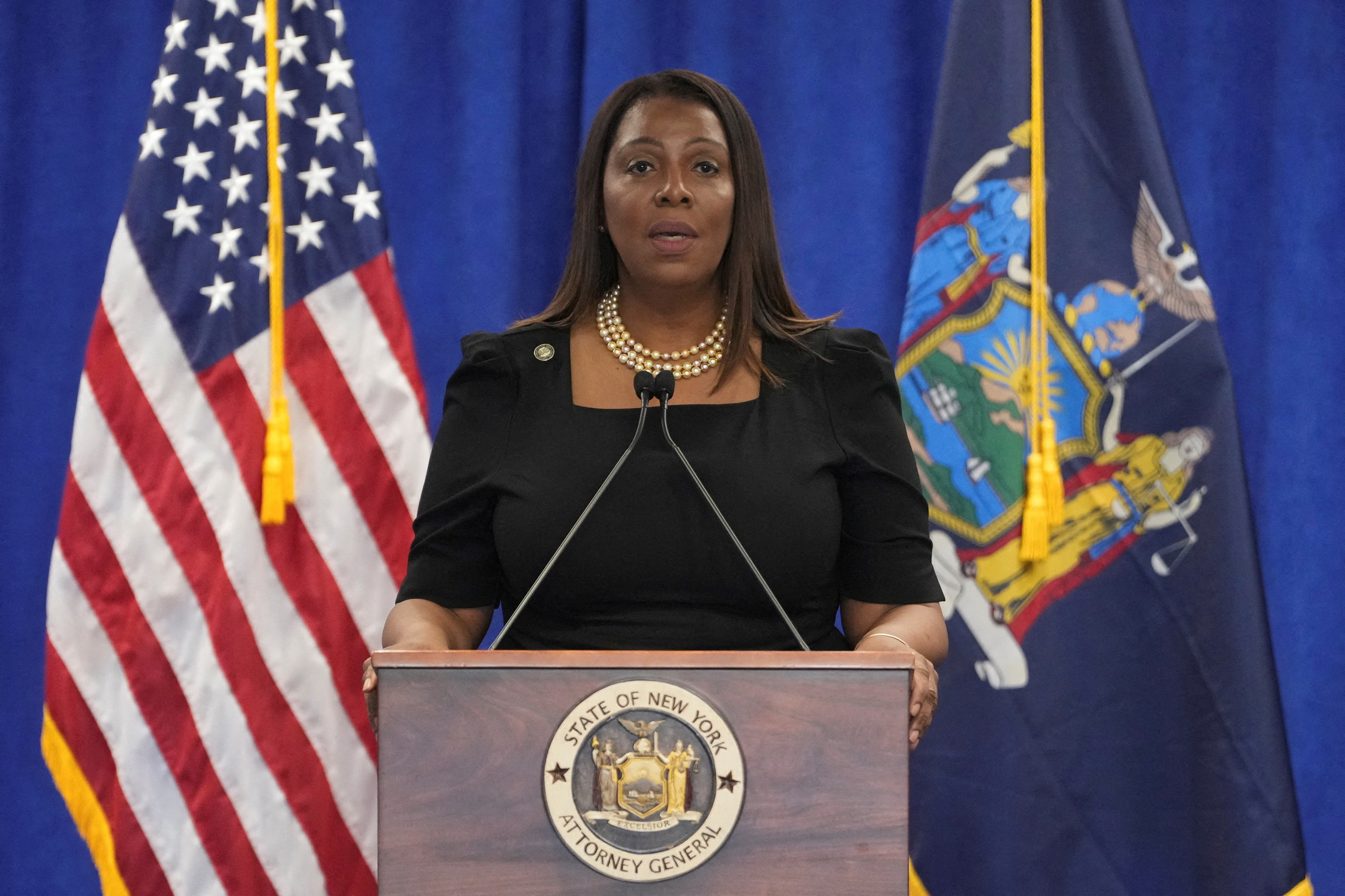 New York Attorney General Letitia James speaks during a news conference [File: David Dee Delgado/Reuters]