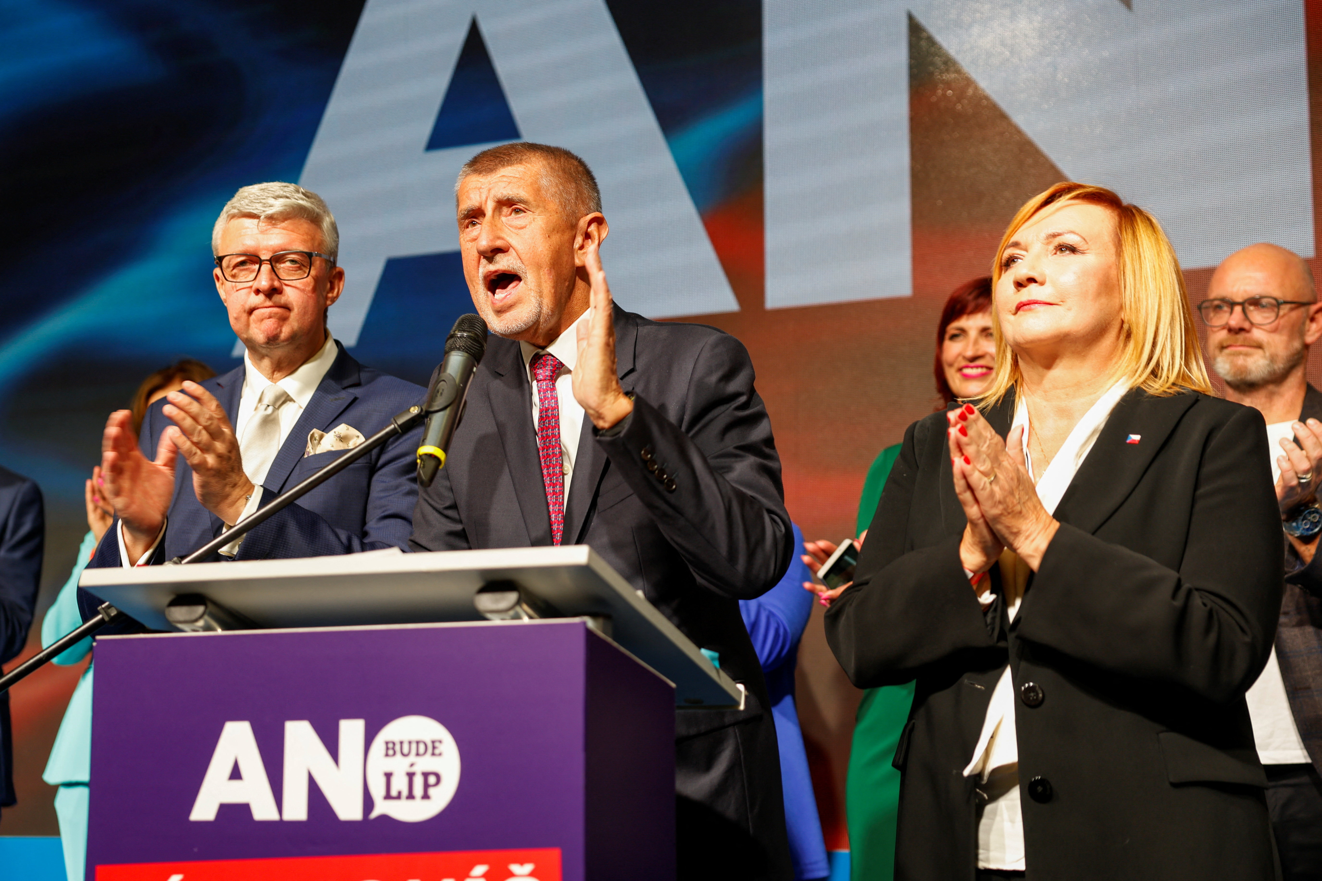 Leader of ANO party Andrej Babis speaks to the media after the preliminary results of the parliamentary election, in Prague, Czech Republic, October 4, 2025 [David W Cerny/Reuters]