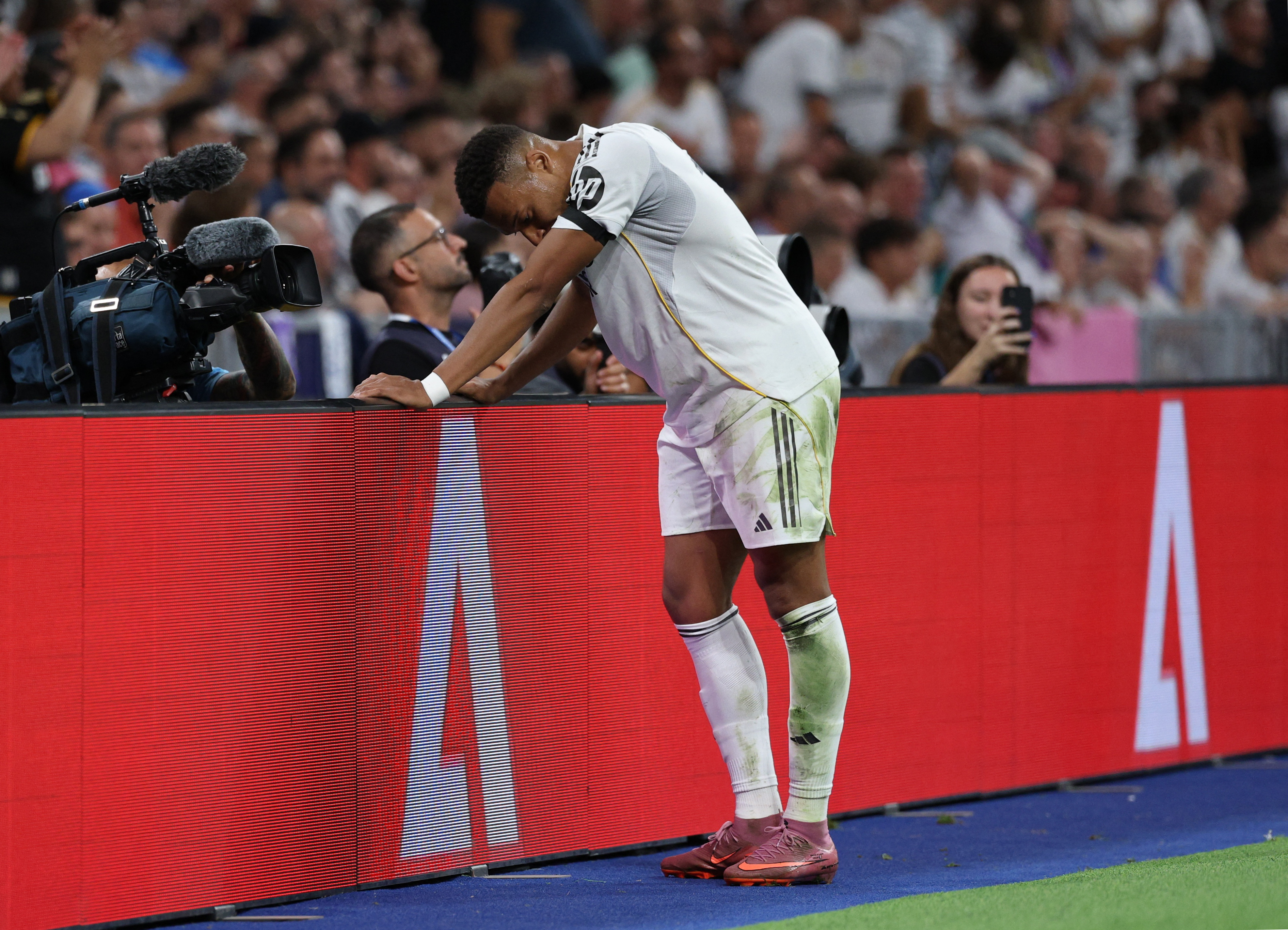 Kylian Mbappe reacts.