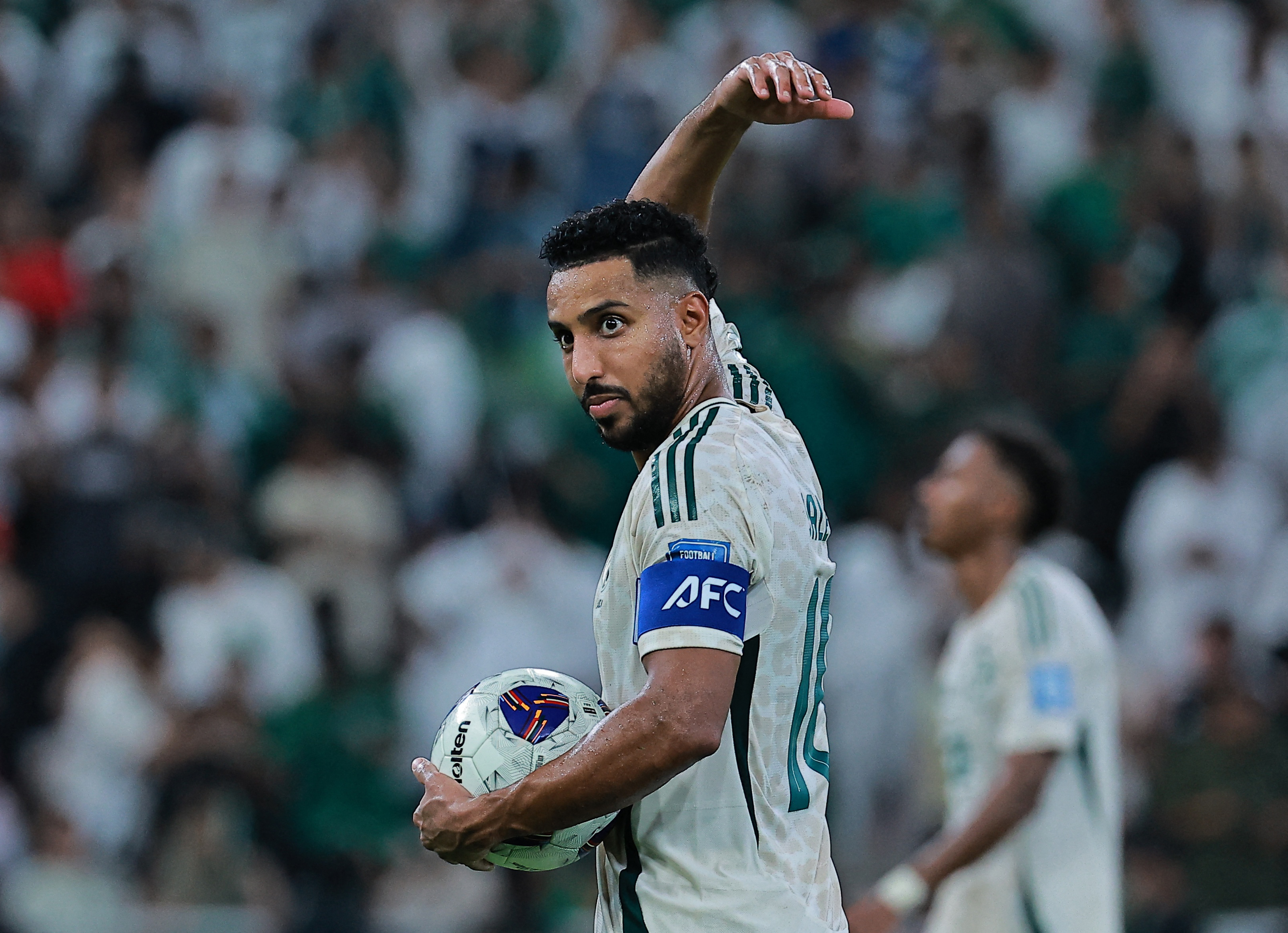 Saudi Arabia's Salem Al-Dawsari reacts as Saudi Arabia are awarded a penalty