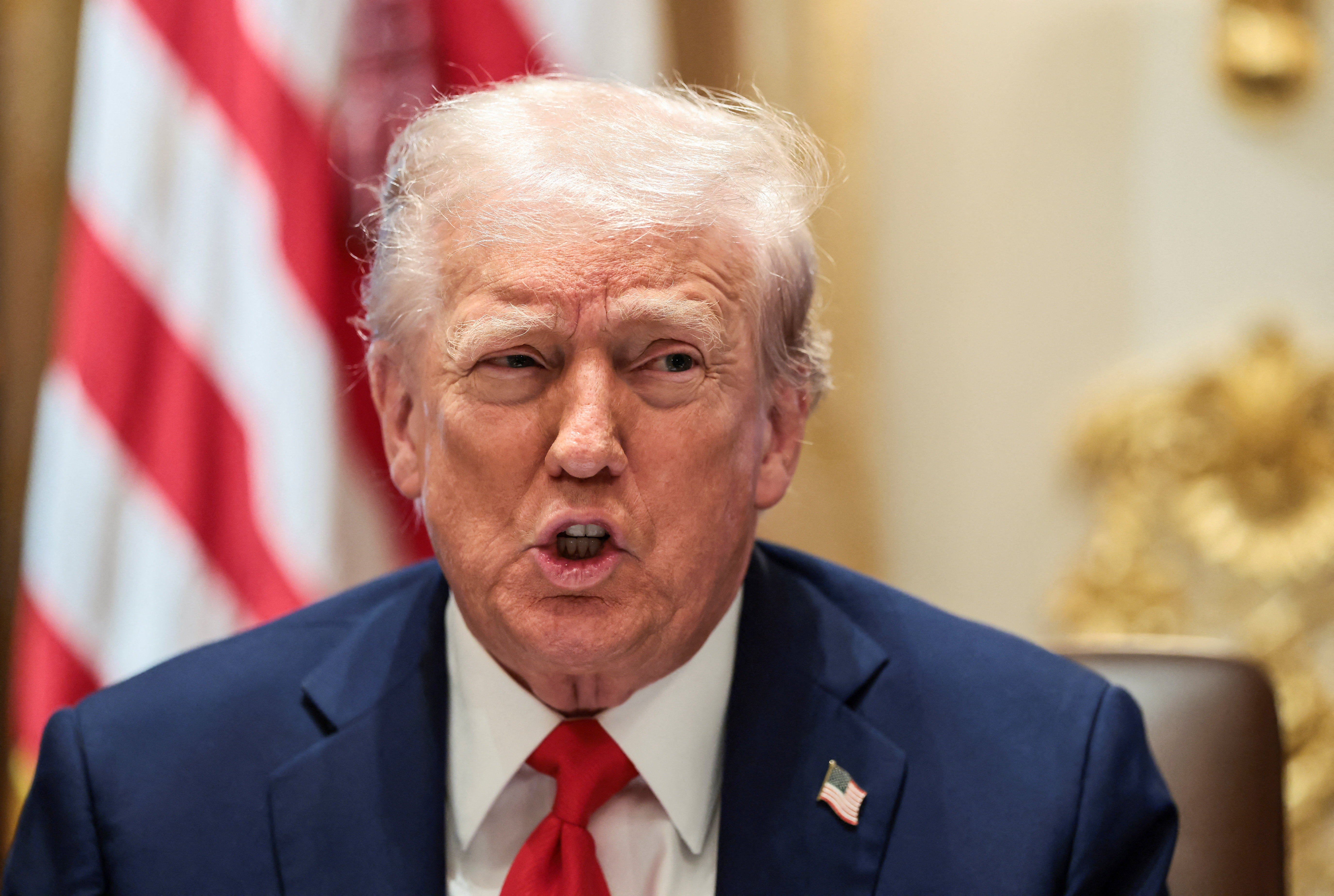 U.S. President Donald Trump speaks during a cabinet meeting at the White House in Washington, D.C., U.S., October 9, 2025. REUTERS/Evelyn Hockstein