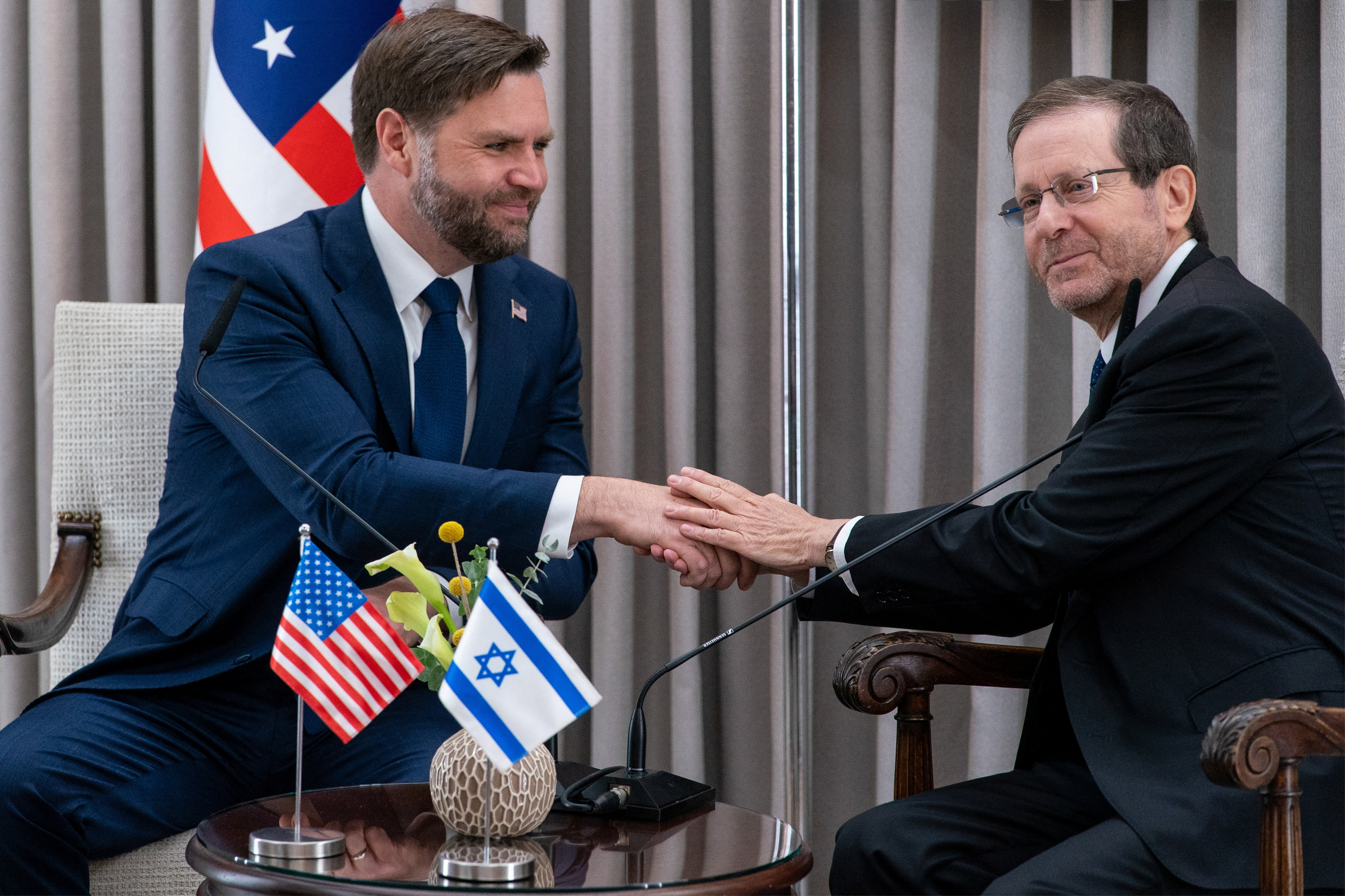 US Vice President JD Vance and Israeli President Isaac Herzog meet at the Beit HaNassi presidential residence in Jerusalem October 22, 2025. Nathan Howard/Pool via REUTERS