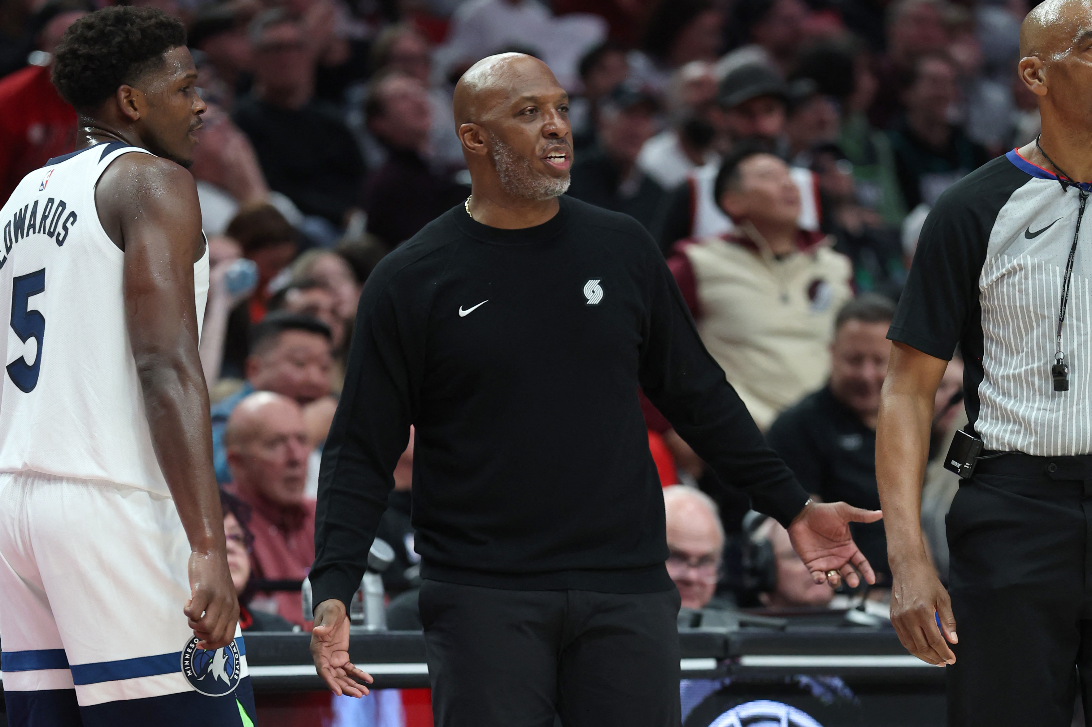 Portland Trail Blazers head coach Chauncey Billups during a break in the action against the Minnesota Timberwolves at Moda Cente