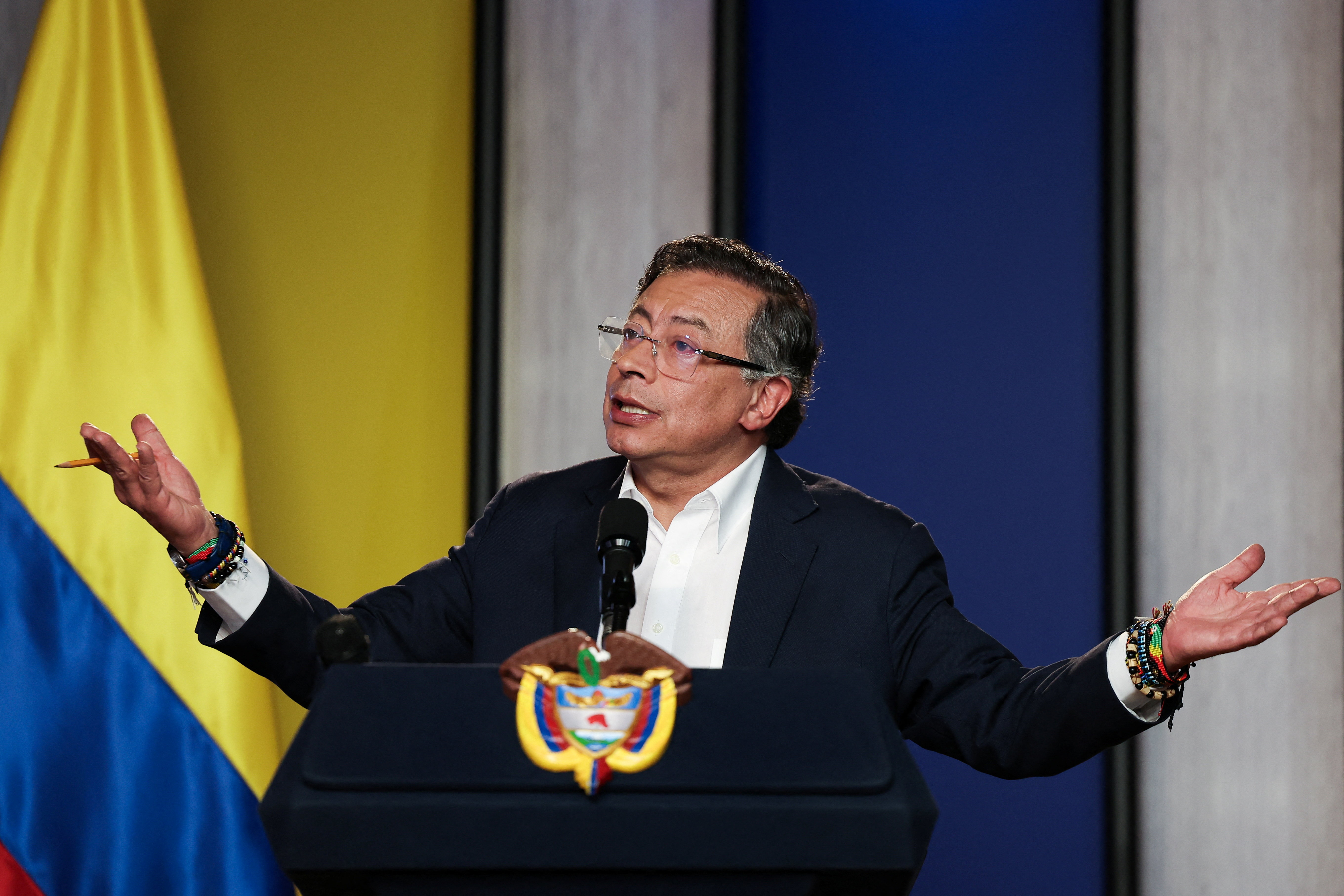 Colombian President Gustavo Petro speaks at a podium