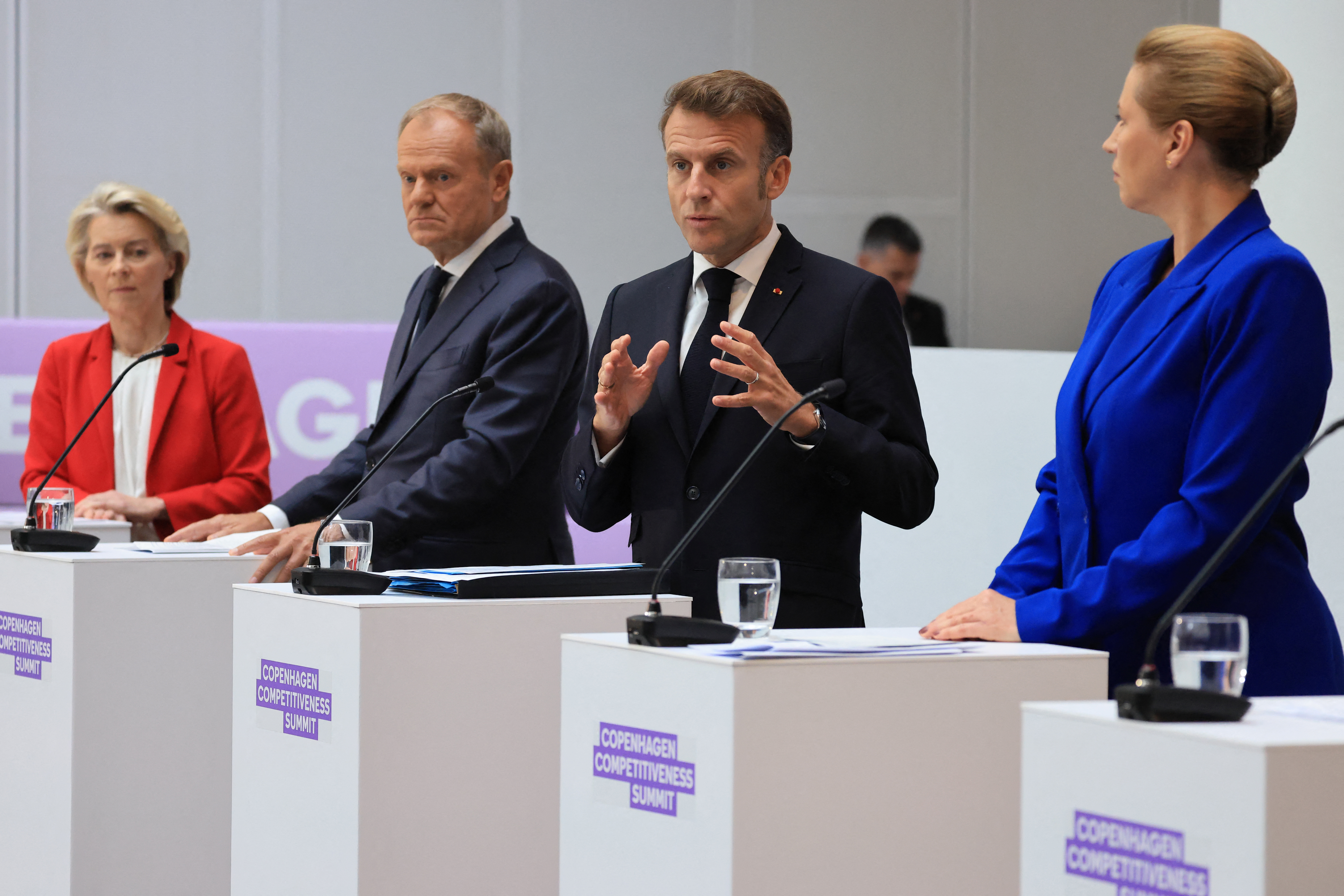 European Commission President Ursula von der Leyen, Poland's Prime Minister Donald Tusk, France's President Emmanuel Macron and Denmark's Prime Minister Mette Frederiksen give a statement during the Copenhagen Competitiveness Summit in Copenhagen, Denmark, on the sidelines of an Informal Meeting of EU Heads of State and Government on October 1, 2025. Europe's business leaders will present a joint declaration to the EU's political leadership, outlining a vision for what is necessary to strengthen Europe's competitiveness, and a promise of how the business community will contribute if the necessary reforms are implemented