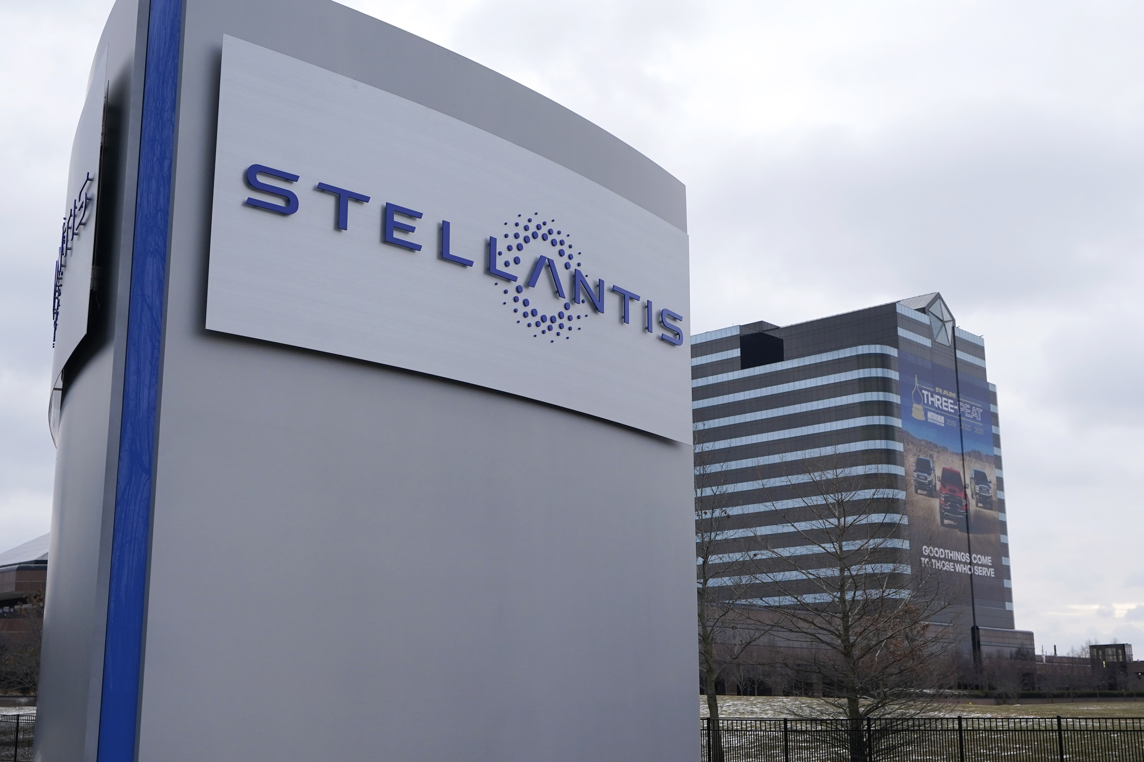 the Stellantis sign is seen outside the Chrysler Technology Center, in Auburn Hills, Michigan, US