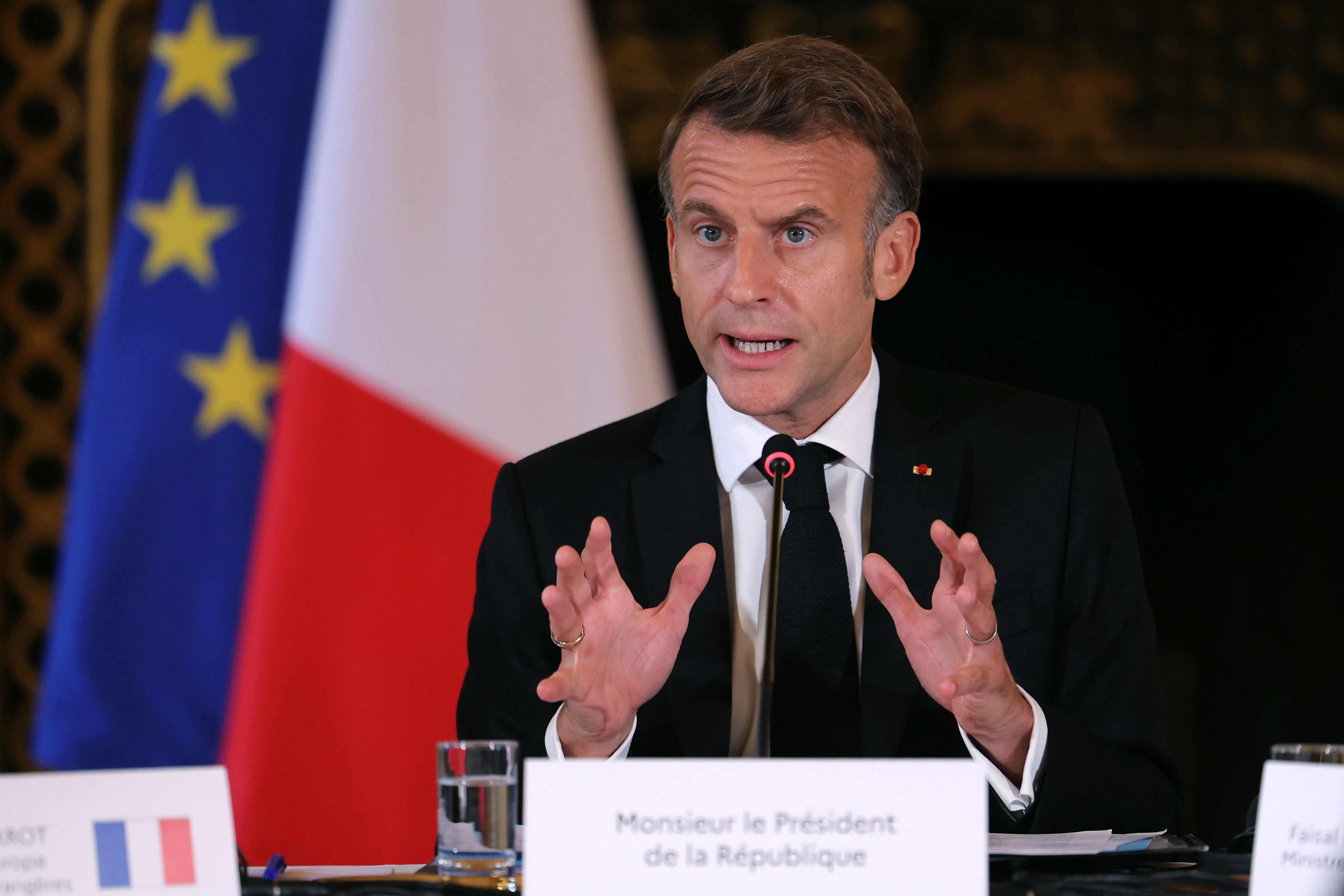 France's President Emmanuel Macron speaks during a meeting with European and Arab foreign ministers at the foreign ministry in Paris, France on October 9, 2025.