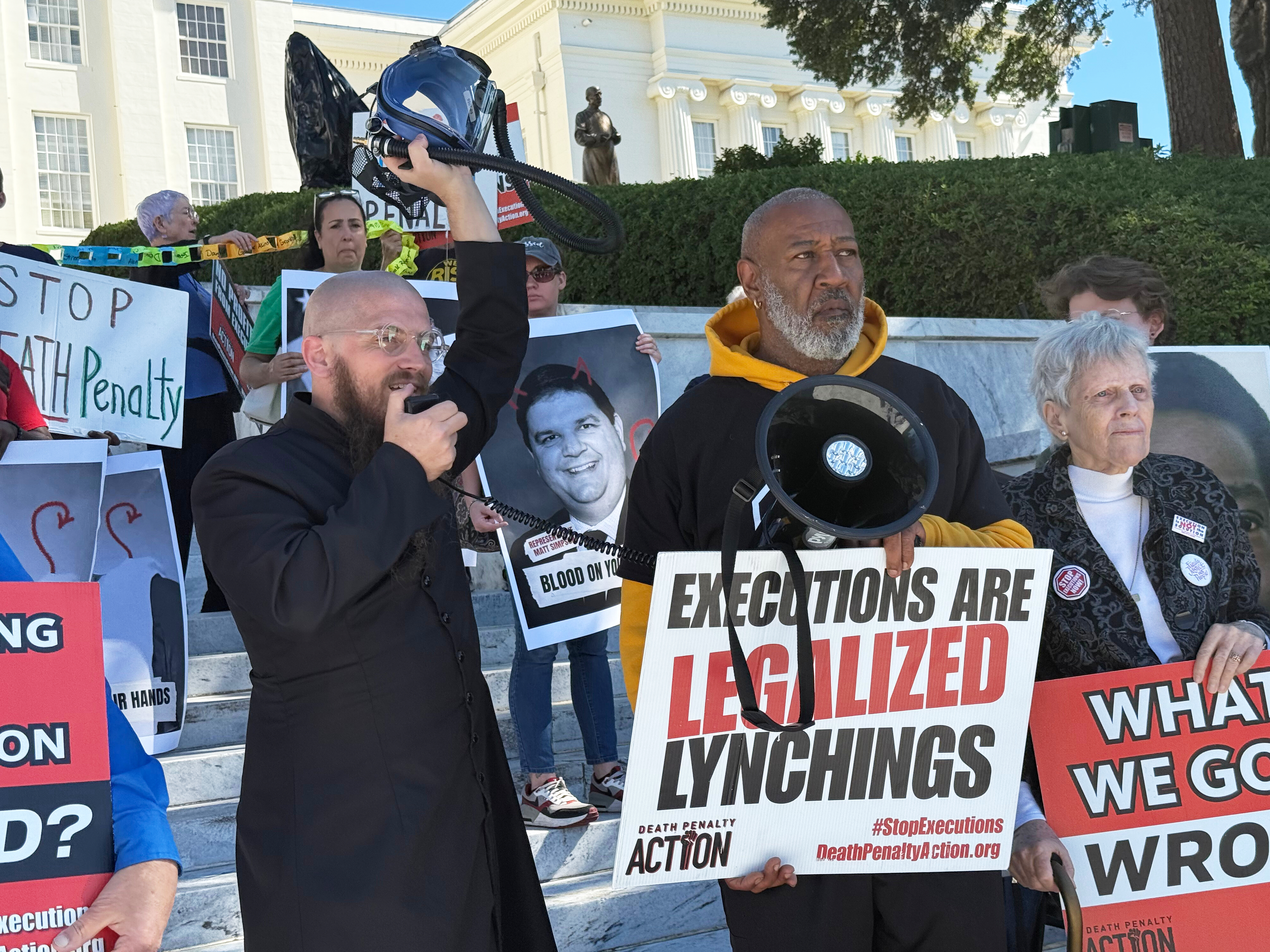 Reverend Jeff Hood speaks at a protest against the death penalty on Wednesday, October 22, 2025, at the Alabama Capitol in Montgomery, Alabama, the US [Kim Chandler/AP Photo]