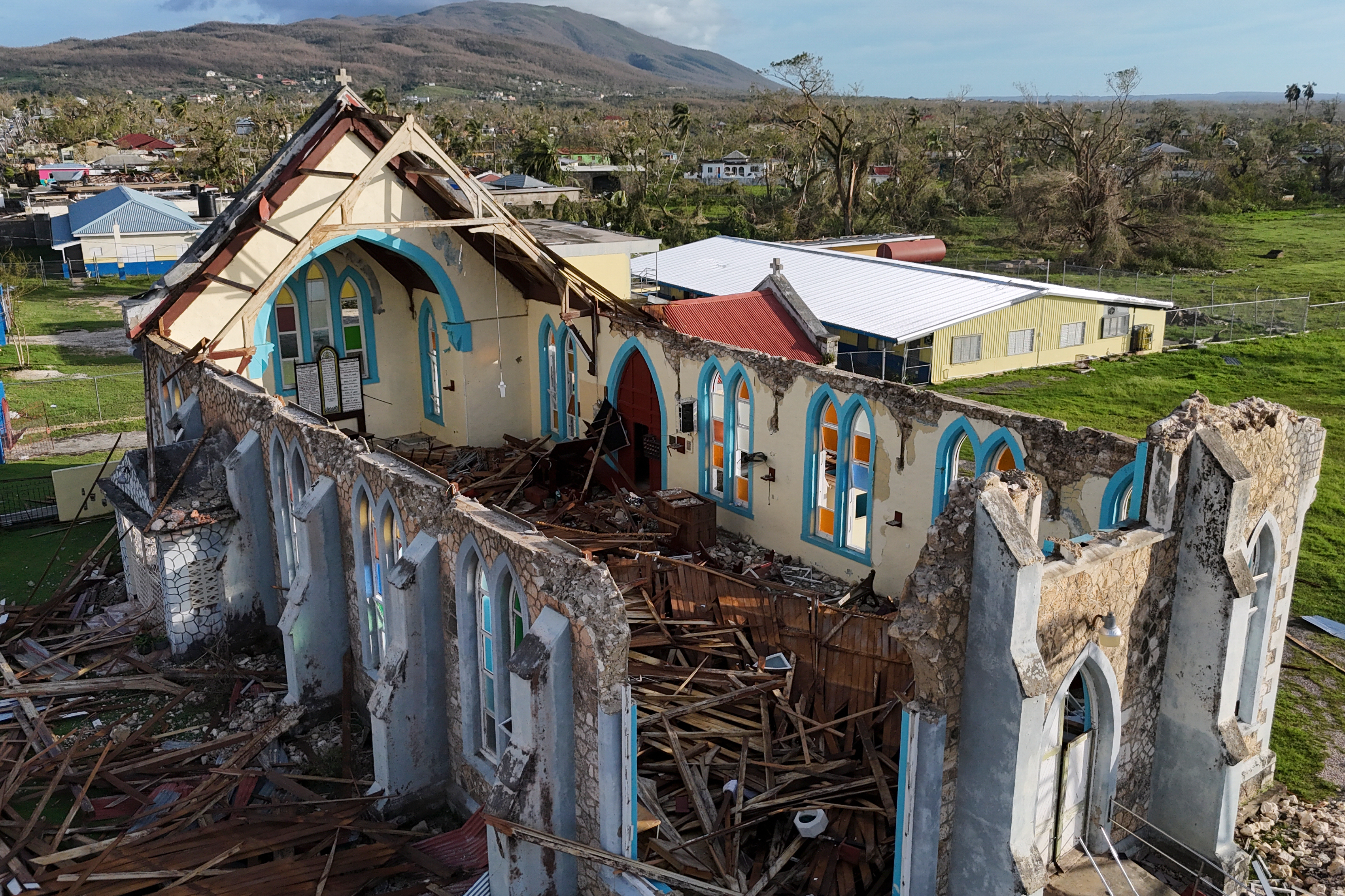 The church of Lacovia Tombstone, Jamaica, sits damaged in the aftermath of Hurricane Melissa, Wednesday, Oct. 29, 2025.