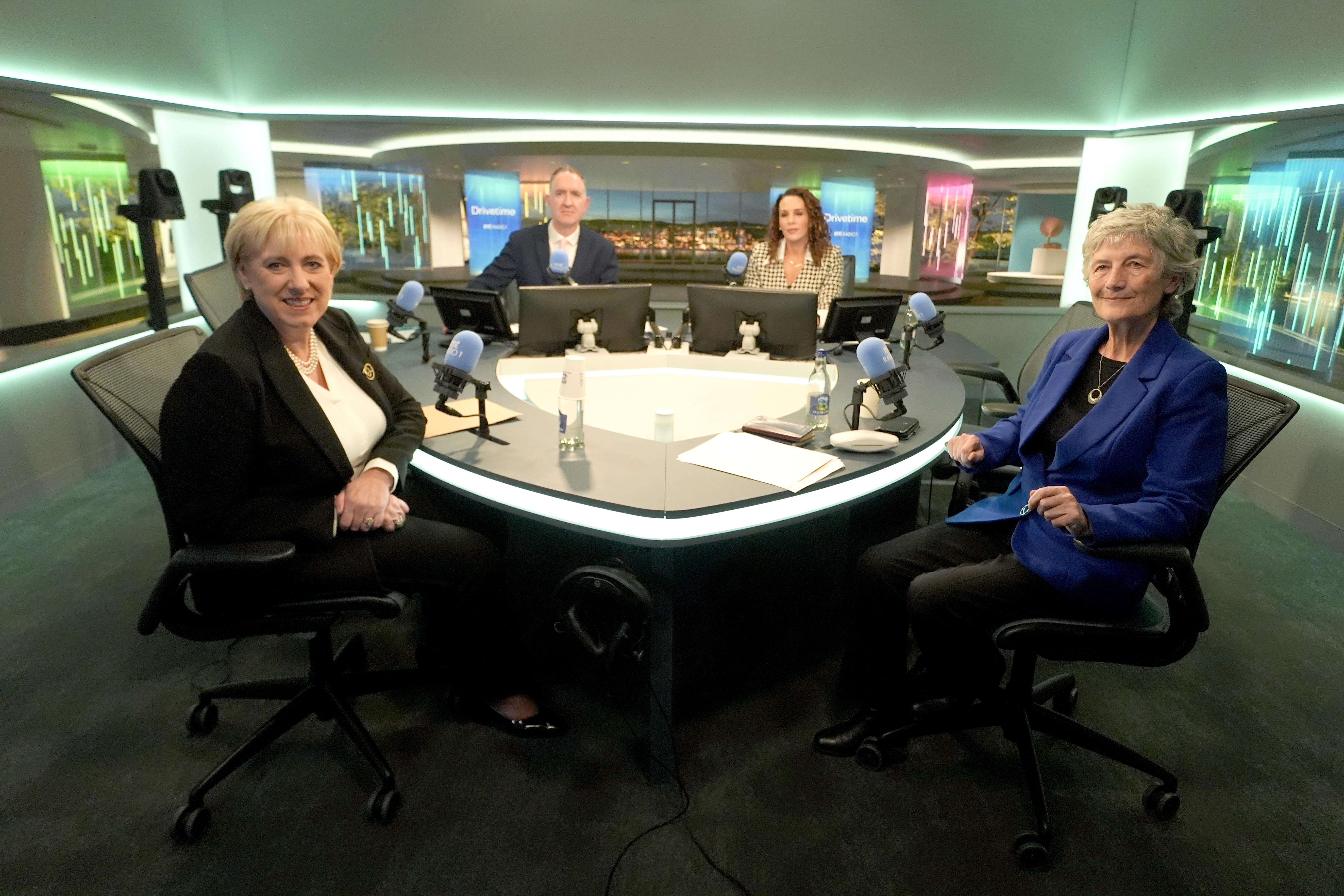 Fine Gael presidential candidate Heather Humphreys, presenters Cormac O hEadhra and Sarah McInerney and independent presidential candidate Catherine Connolly