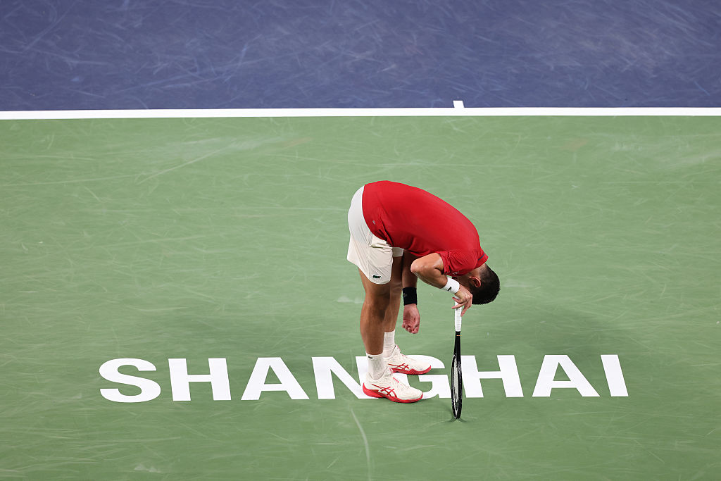 Novak Djokovic of Serbia reacts during the match against Jaume Munar of Spain in the Men's Singles round of 16 match on day 9 of the 2025 Shanghai Rolex Masters at Qi Zhong Tennis Center on October 07, 2025 in Shanghai, China