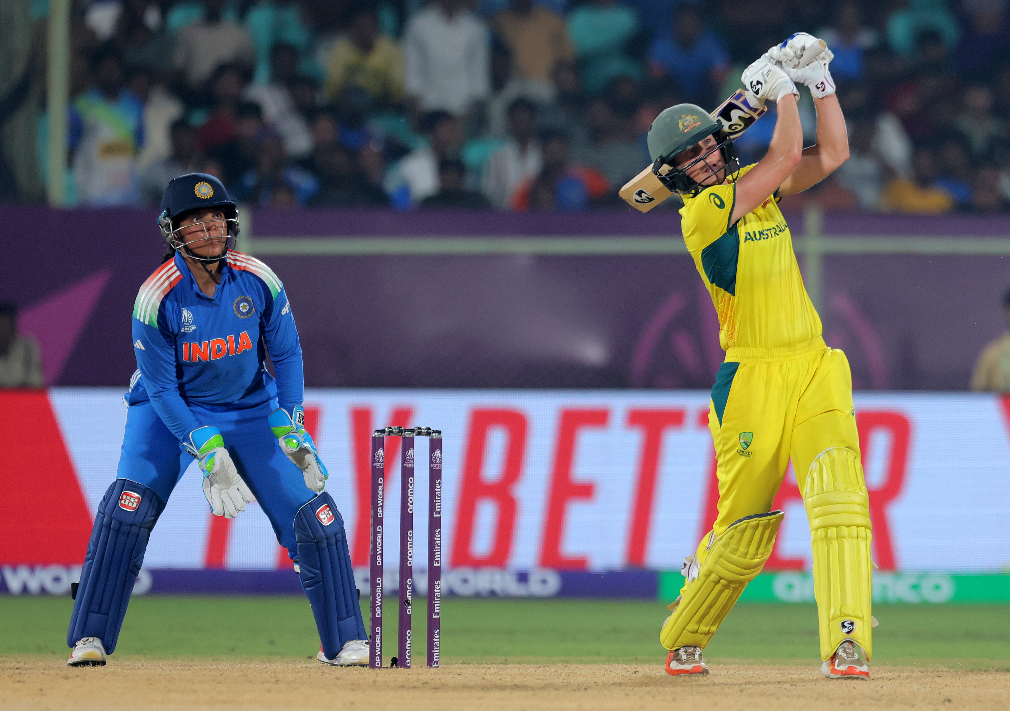 VISAKHAPATNAM, INDIA - OCTOBER 12: Ellyse Perry of Australia hits out for six to complete the record breaking run chase of 331 and win the ICC Women's Cricket World Cup India 2025 match between India and Australia at Dr. Y.S. Rajasekhara Reddy ACA-VDCA Cricket Stadium on October 12, 2025 in Visakhapatnam, India. (Photo by Pankaj Nangia/Getty Images)