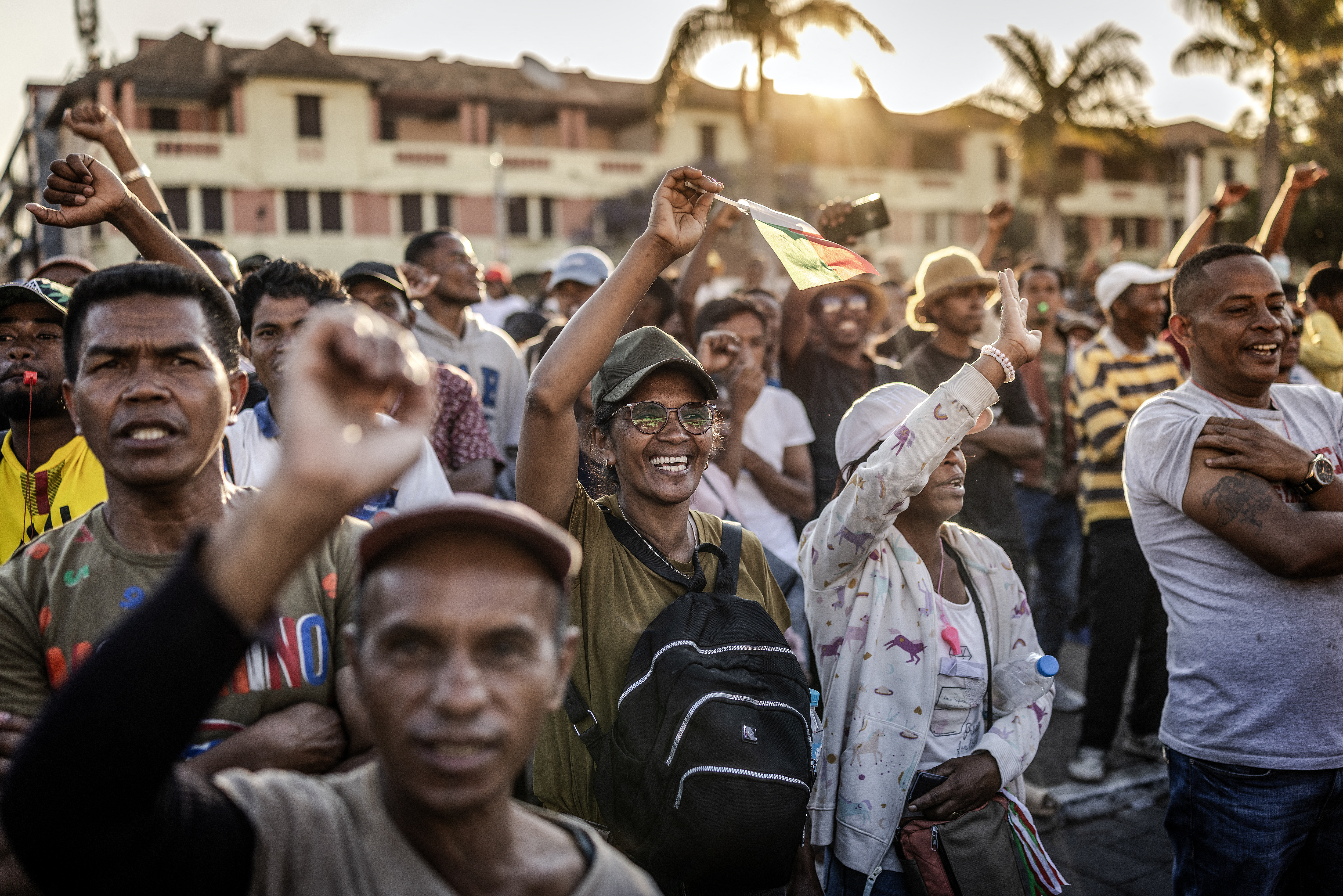 Residents and protesters chant anti-government slogans as they gather for a civil society rally demanding the resignation of President Andry Rajoelina and paying tribute to the victims of the protests in Antananarivo, on October 13, 2025.