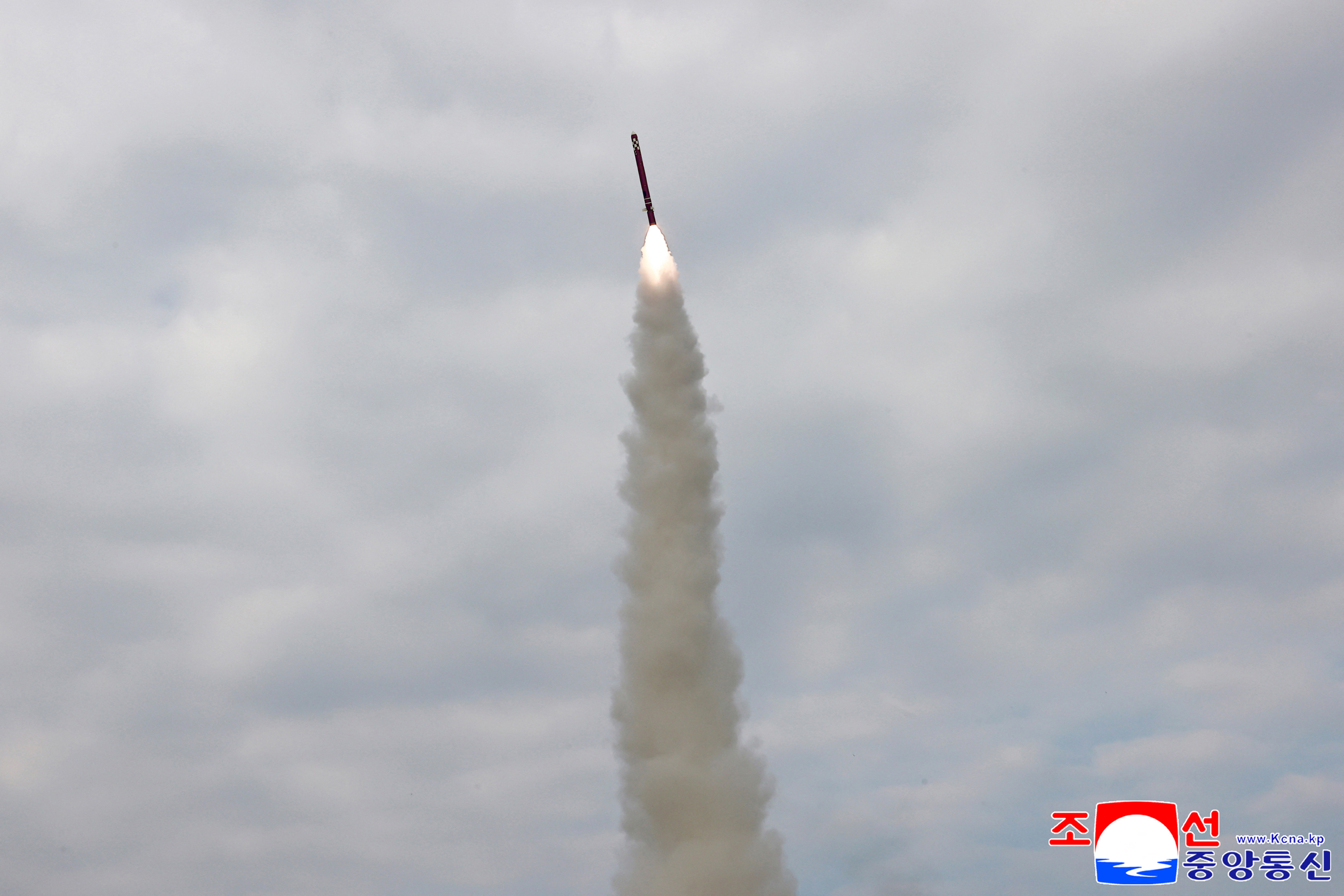This picture taken on October 28, 2025 and released by North Korea's official Korean Central News Agency (KCNA) on October 29, 2025 shows a test launch of a sea-to-surface strategic cruise missile conducted by the North Korean Missile General Administration at an unconfirmed location in North Korea.