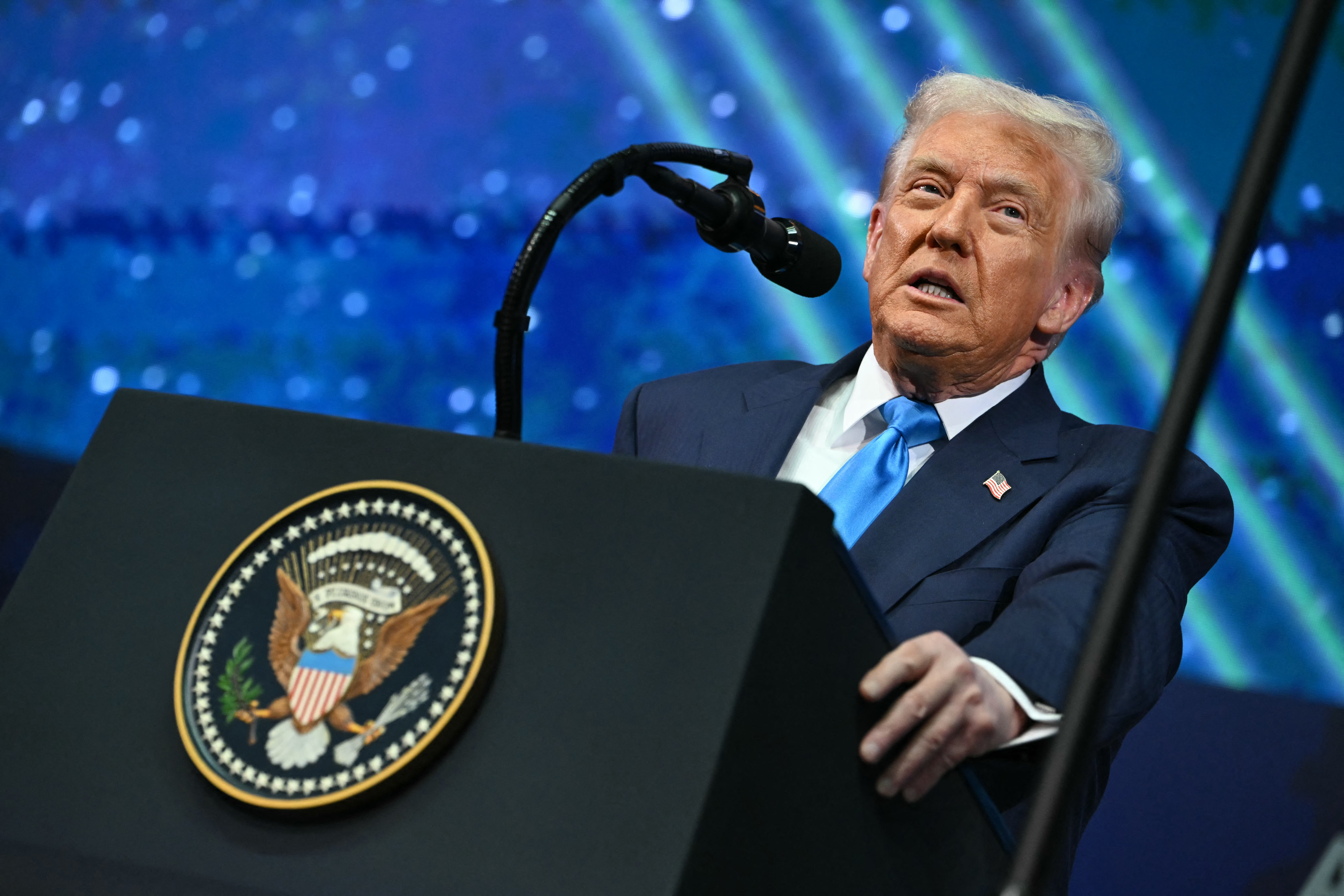 US President Donald Trump speaks during the Asia-Pacific Economic Cooperation (APEC) CEO Summit at the Gyeongju Arts Center in Gyeongju on October 29, 2025. (Photo by ANDREW CABALLERO-REYNOLDS / AFP)