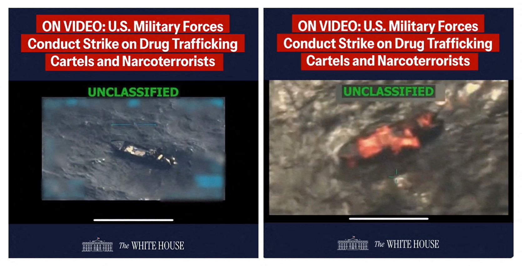 FILE PHOTO: A combination image shows two screen captures from a video posted on the X account of The White House on September 15, 2025, depicting what U.S. President Donald Trump said was a U.S. military strike on a Venezuelan drug cartel vessel that had been on its way to the United States, the second such strike carried out against a suspected drug boat in recent weeks. The White House/Handout via REUTERS. THIS IMAGE HAS BEEN SUPPLIED BY A THIRD PARTY. IMAGE BLURRED AT SOURCE Verification lines: Reuters checked the footage through our AI detection tool and found no evidence of manipulation. however, the footage is partly blurred, making it impossible to confirm if the video is manipulated. Thorough verification is an ongoing process, and Reuters will continue to review the footage as more information becomes available./File Photo