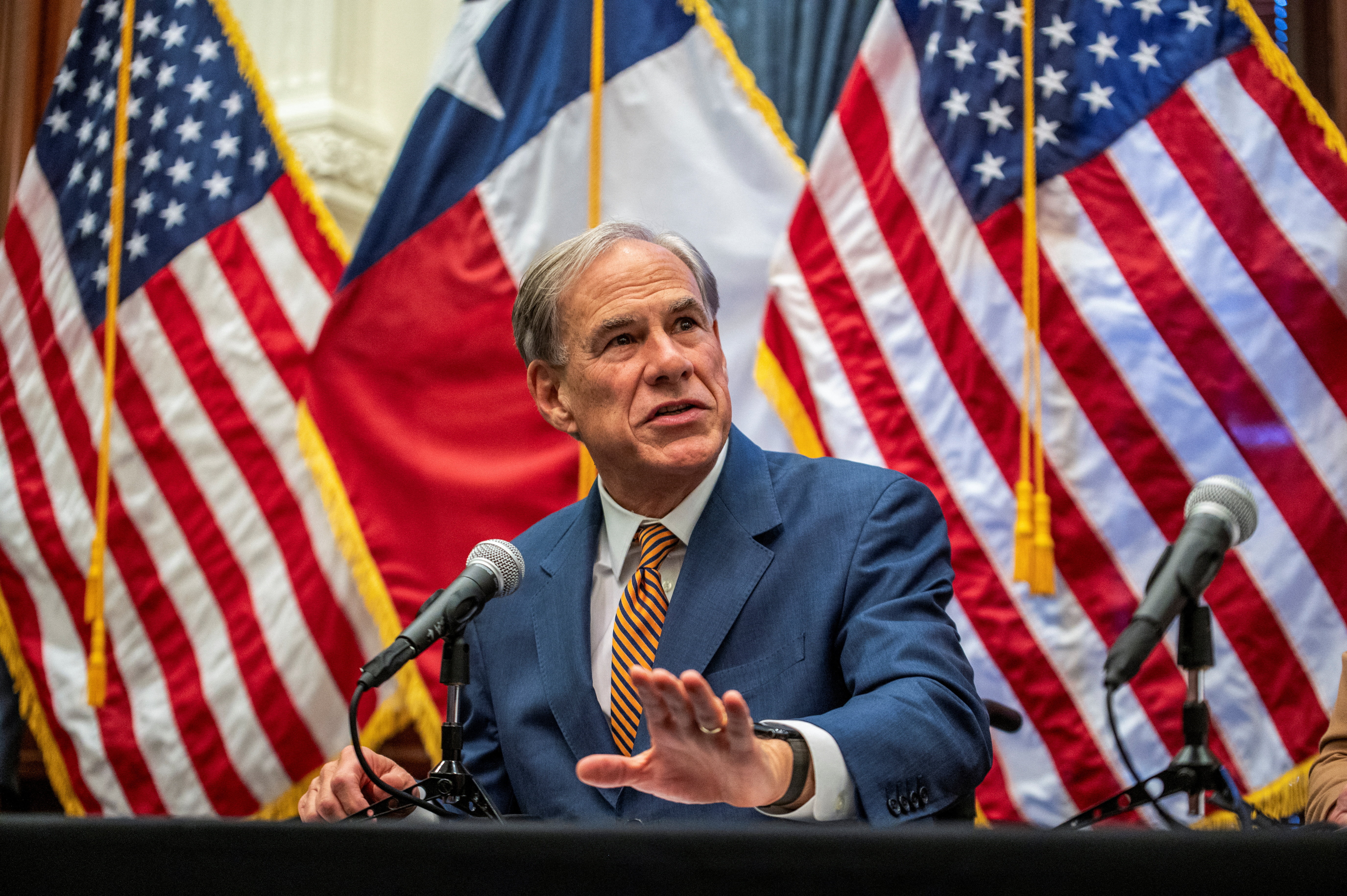 Texas Governor Greg Abbott speaks during a press conference to address the plan to deal with a New World screwworm problem, in Austin, Texas, U.S., August 15, 2025. REUTERS/Sergio Flores