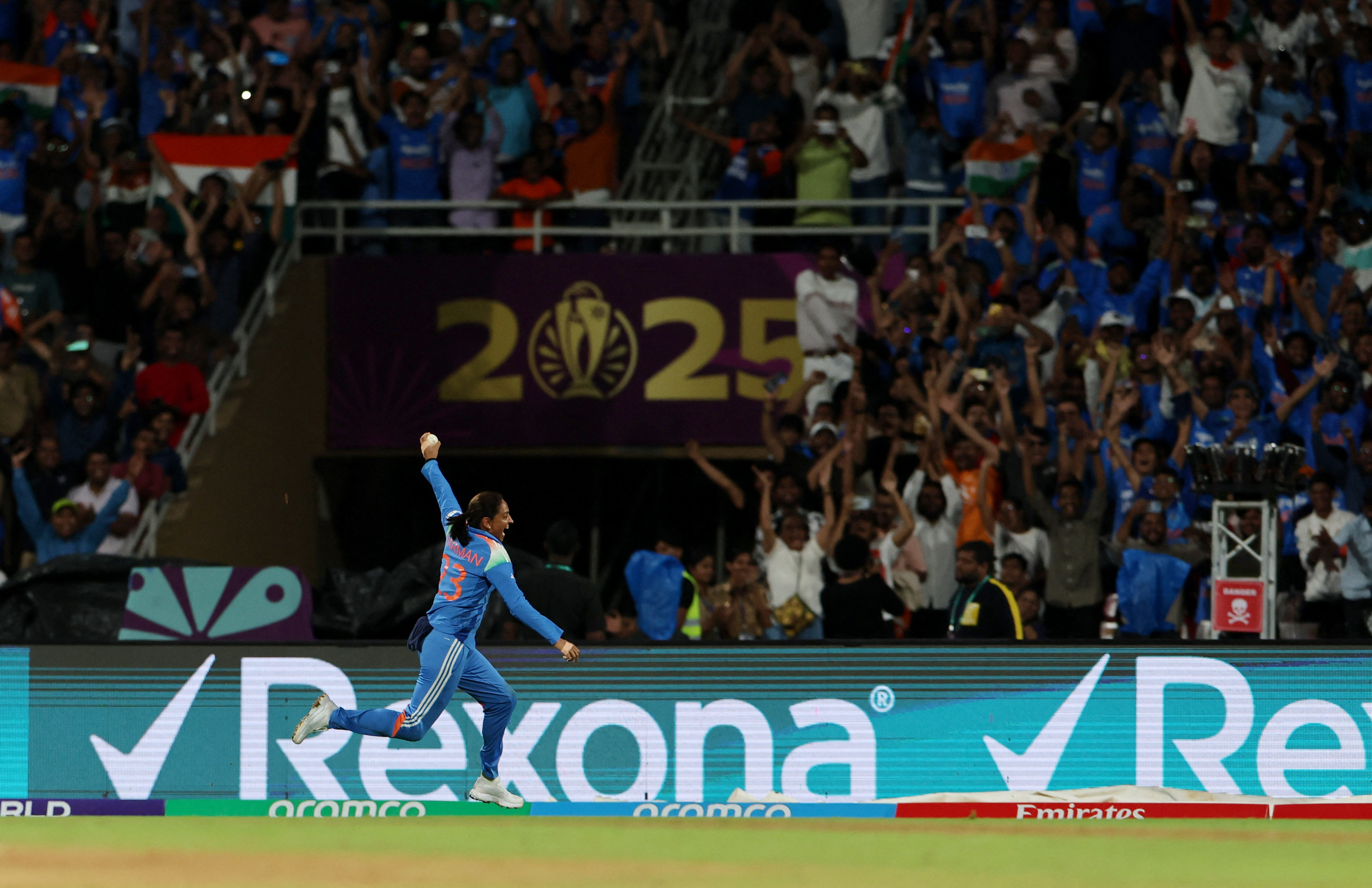 India's Harmanpreet Kaur celebrates after winning the ICC Women's World Cup