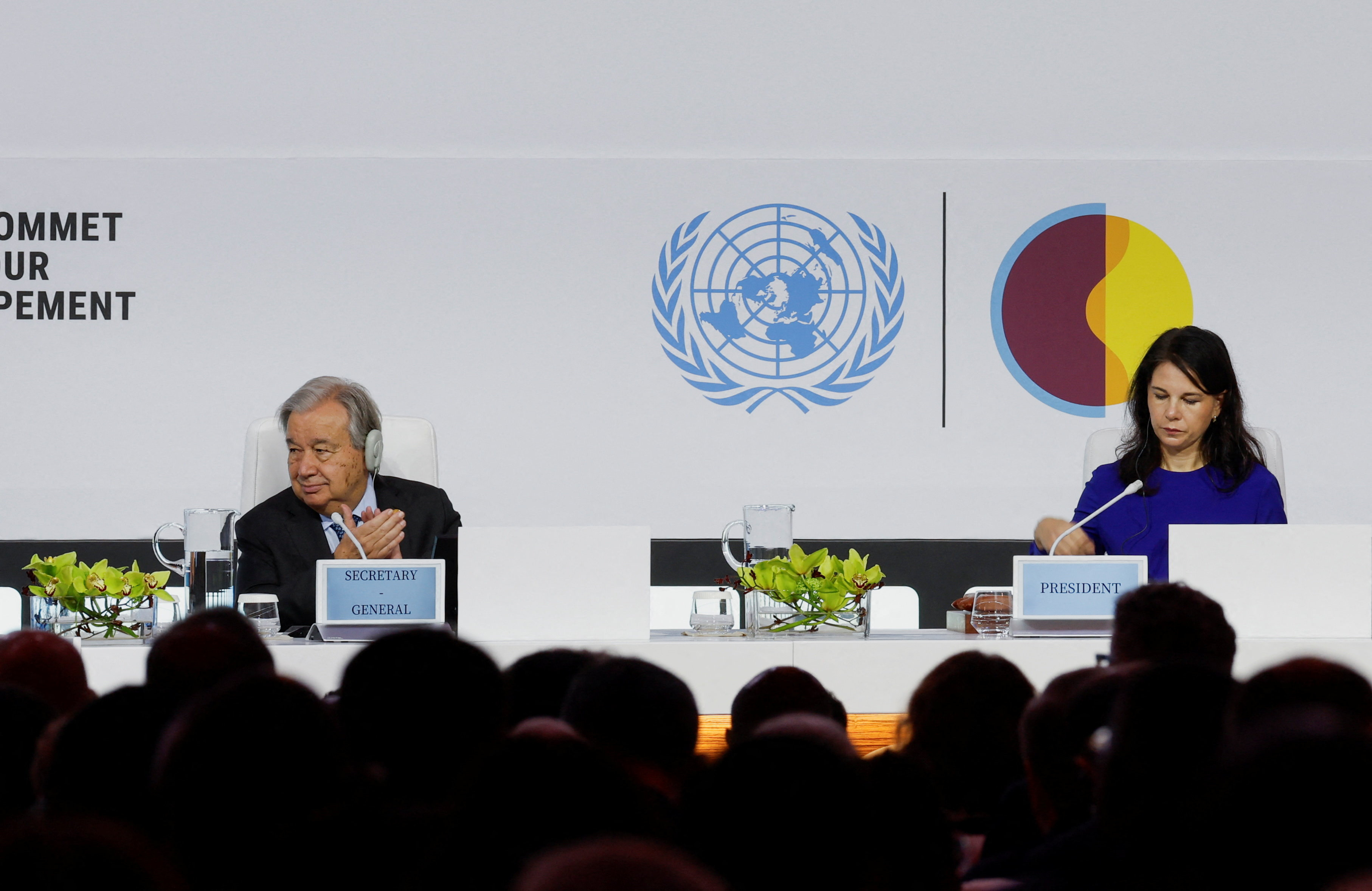 United Nations Secretary-General Antonio Guterres and President of the United Nations General Assembly Annalena Baerbock attend the Second World Summit for Social Development, focusing on advancing social development and reaffirming commitments to the Copenhagen Declaration, in Doha, Qatar, November 4, 2025.