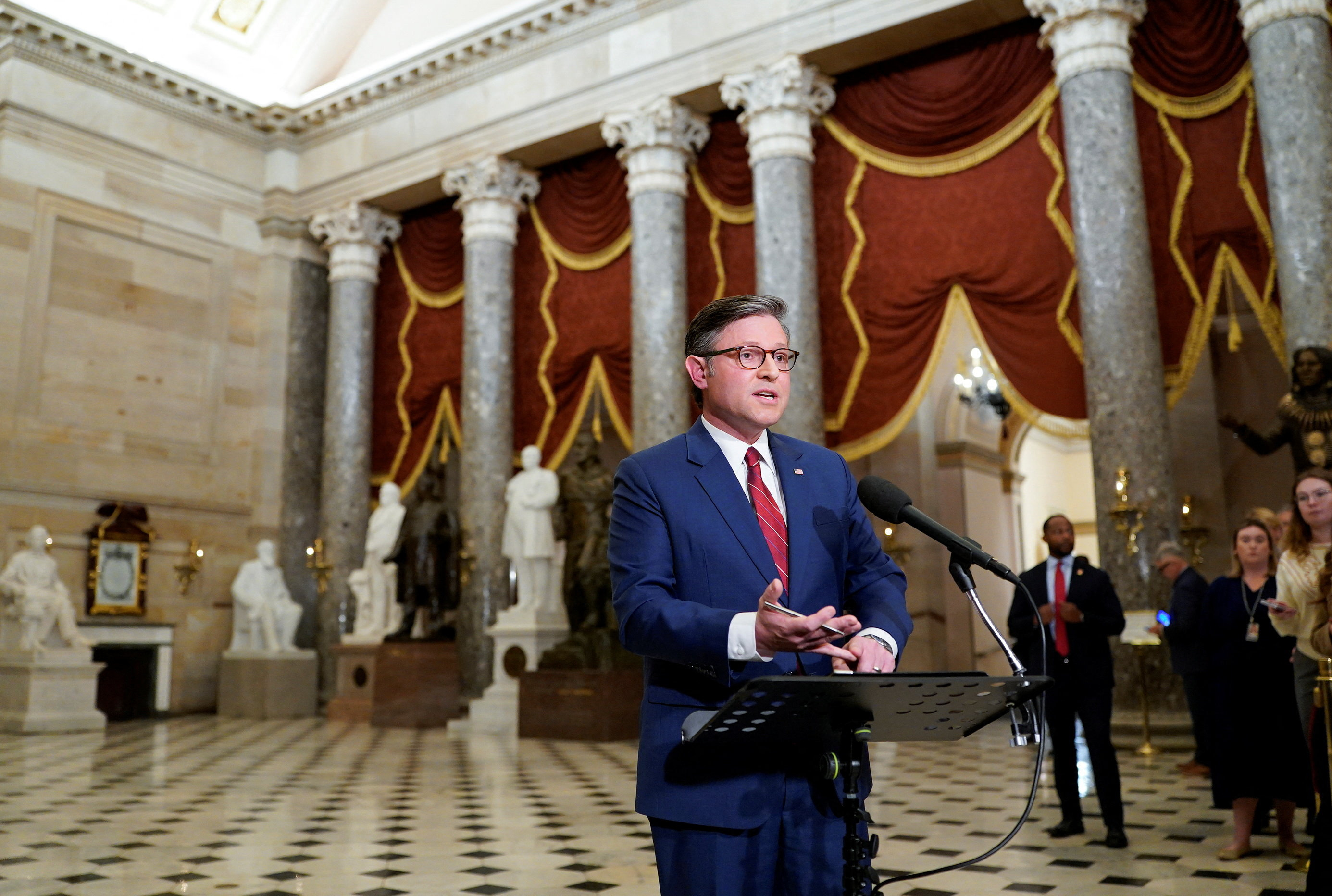 U.S. House Speaker Mike Johnson (R-LA) speaks to members of the media following the passage of a funding bill in the U.S. House of Representatives to bring the longest U.S. government shutdown in history to a close, which now requires U.S. President Donald Trump’s signature, on Capitol Hill in Washington, D.C., U.S., November 12, 2025. REUTERS/Elizabeth Frantz