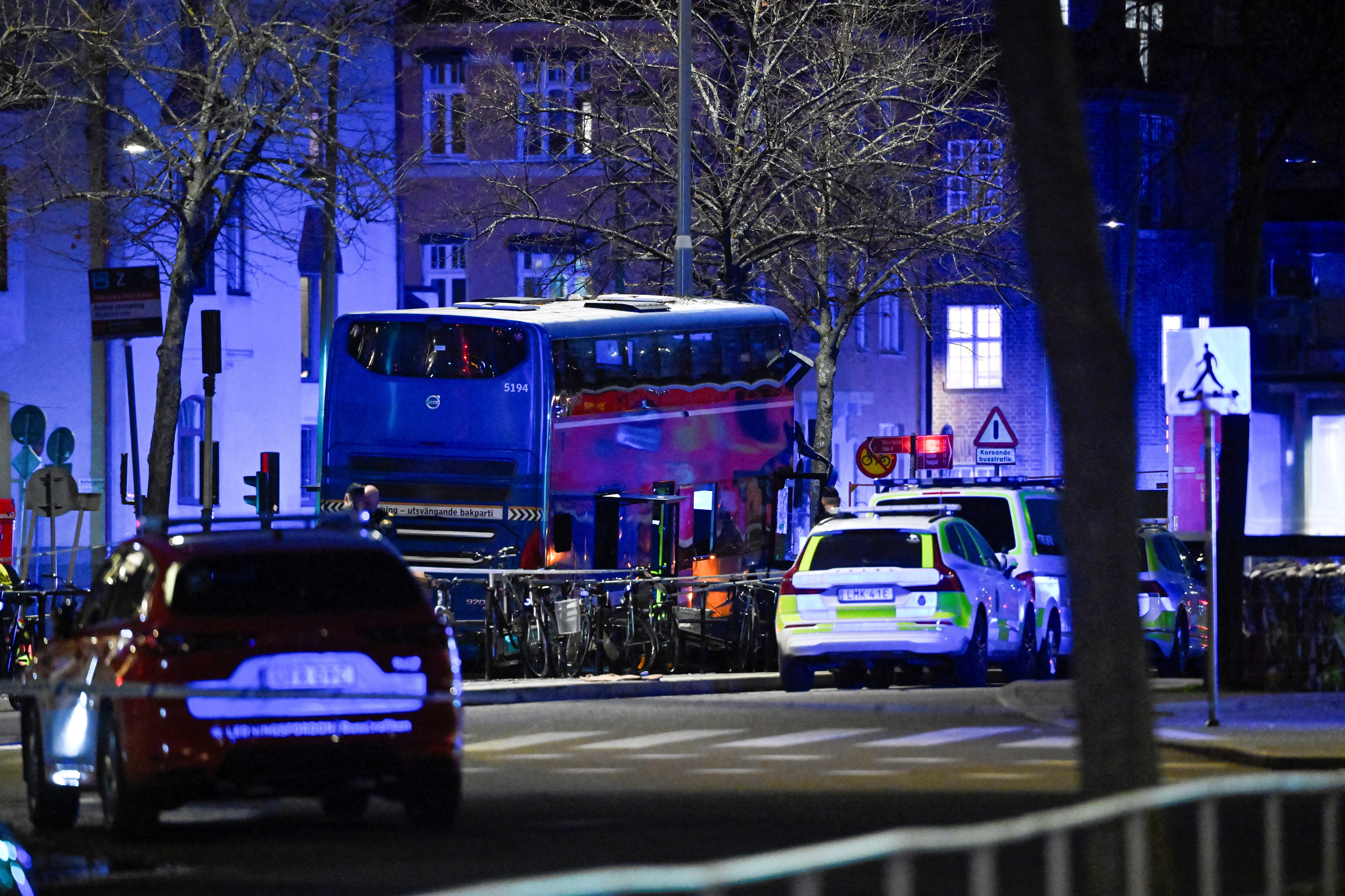 A view of a bus which crashed into a bus shelter in Ostermalm in Stockholm, Sweden, November 14, 2025. TT News Agency/Henrik Montgomery via REUTERS
