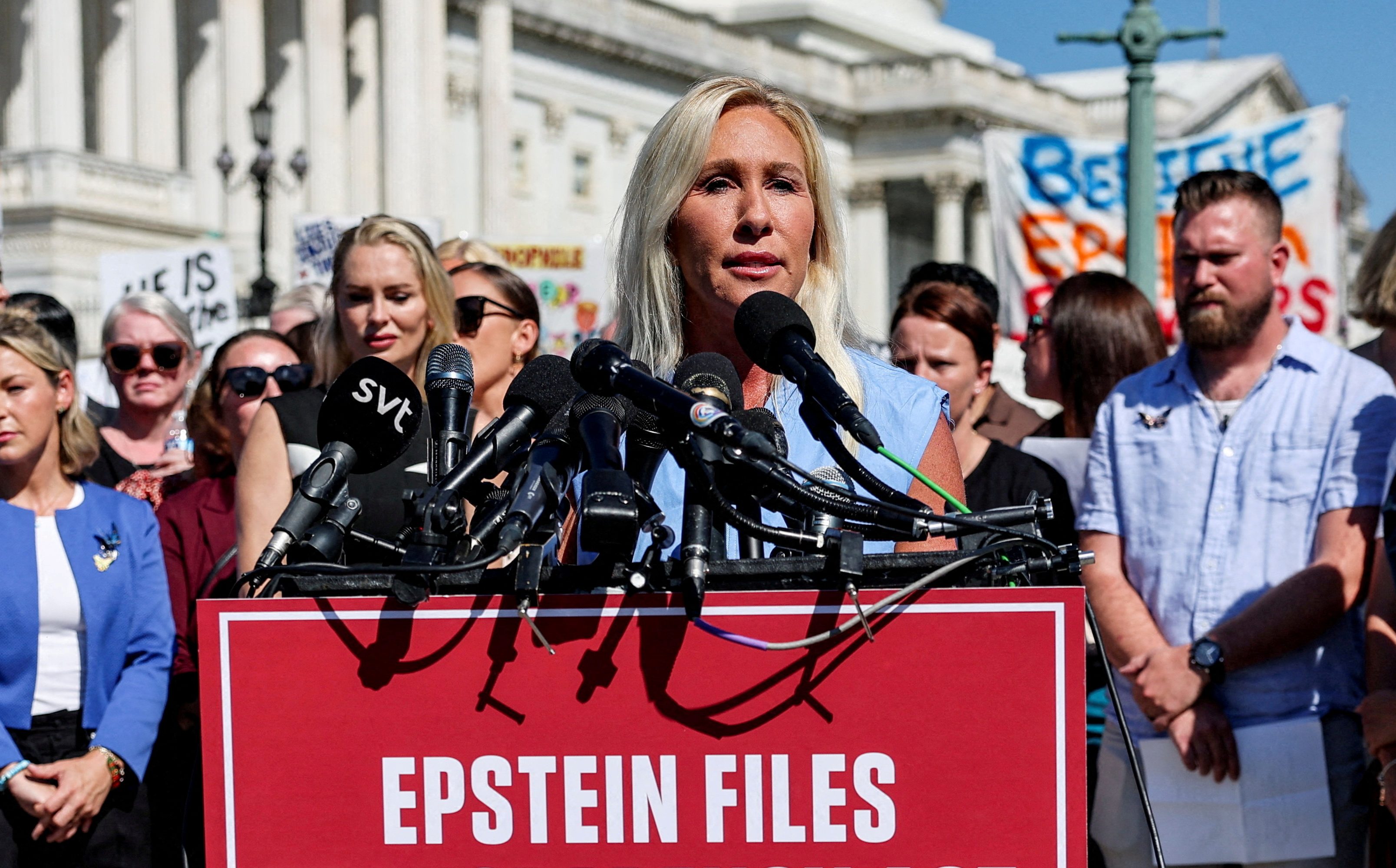 US Representative Marjorie Taylor Greene, one of the Republicans in favour of the Epstein Files Transparency bill, speaks to journalists on Capitol Hill in Washington, DC, US, on September 3, 2025 [File: Jonathan Ernst/Reuters]