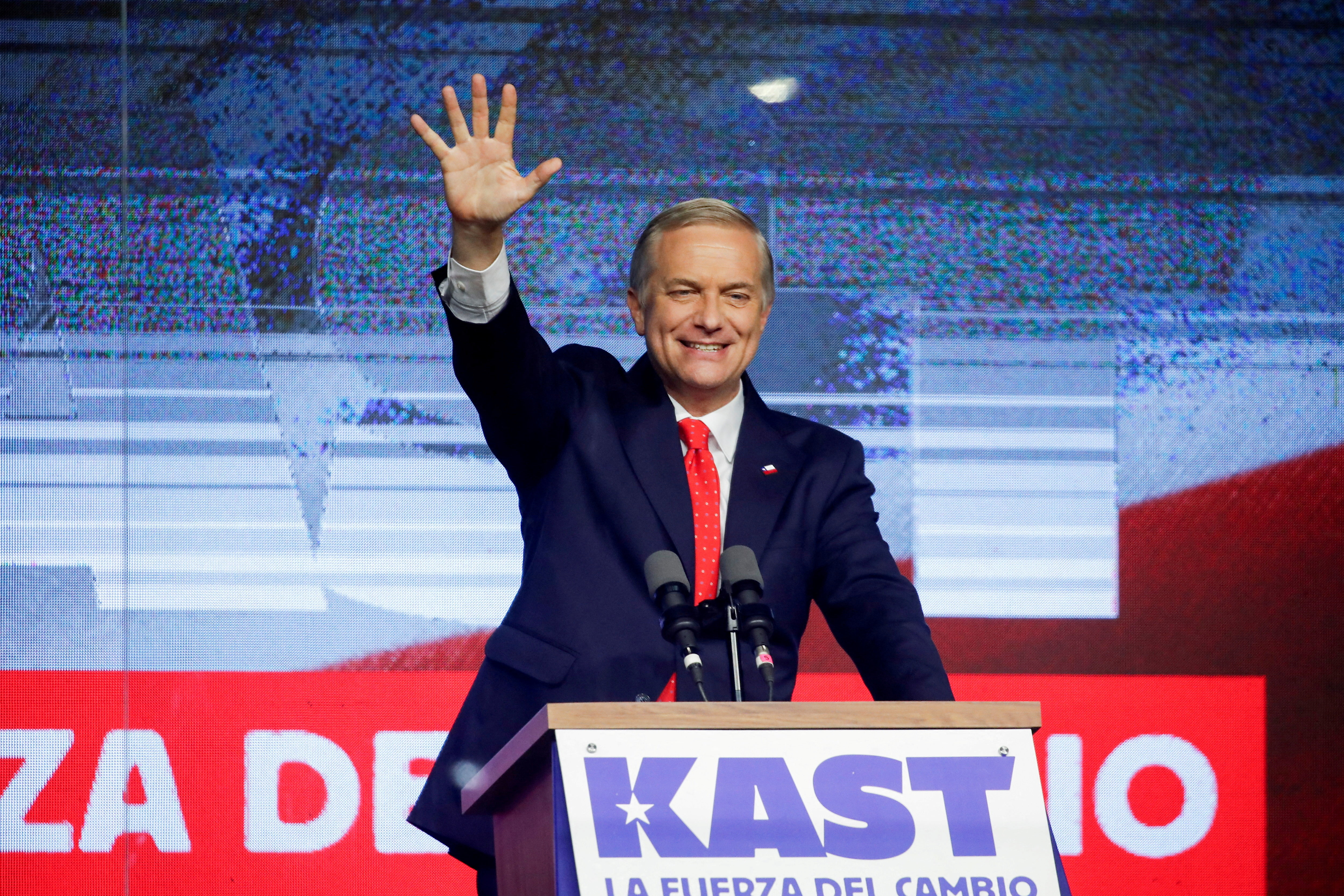 Jose Antonio Kast, presidential candidate of the far-right Republican Party, waves to his supporters, following early results during the presidential election, in Santiago, Chile November 16, 2025.