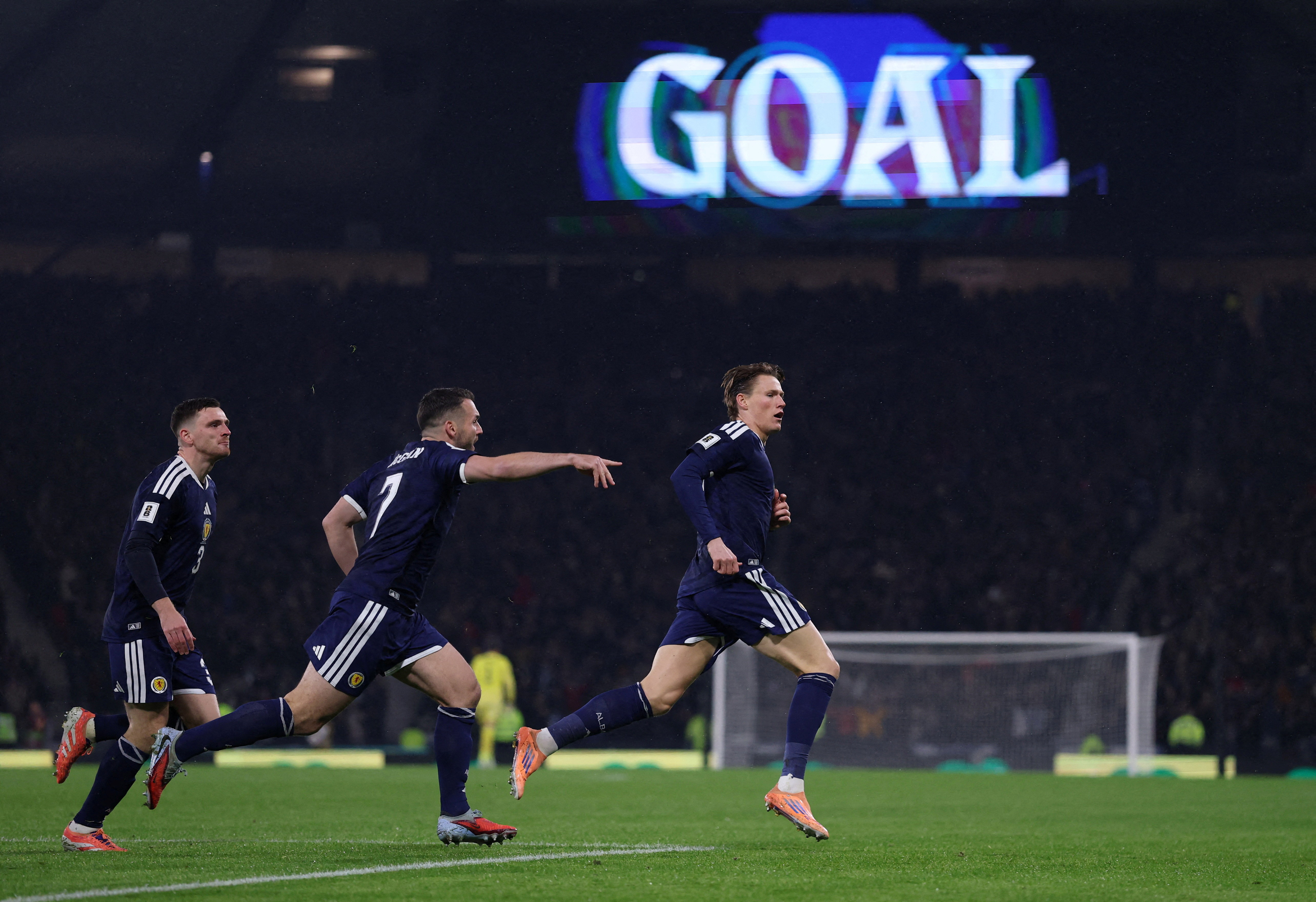 Soccer Football - FIFA World Cup - UEFA Qualifiers - Group C - Scotland v Denmark - Hampden Park, Glasgow, Scotland, Britain - November 18, 2025 Scotland's Scott McTominay celebrates scoring their first goal Action Images via Reuters/Lee Smith TPX IMAGES OF THE DAY