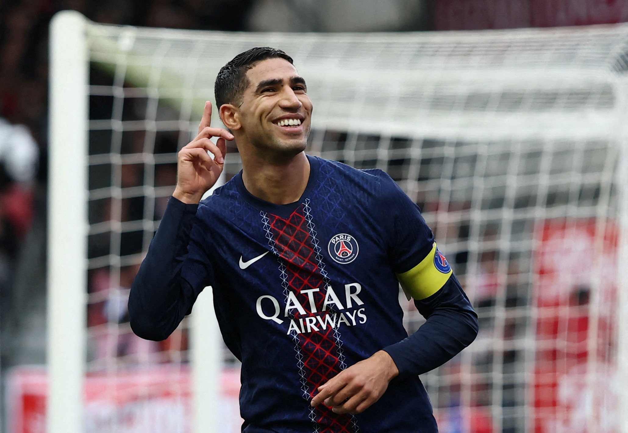 FILE PHOTO: Soccer Football - Ligue 1 - Brest v Paris St Germain - Stade Francis-Le Ble, Brest, France - October 25, 2025 Paris St Germain's Achraf Hakimi celebrates scoring their second goal REUTERS/Stephane Mahe/File Photo