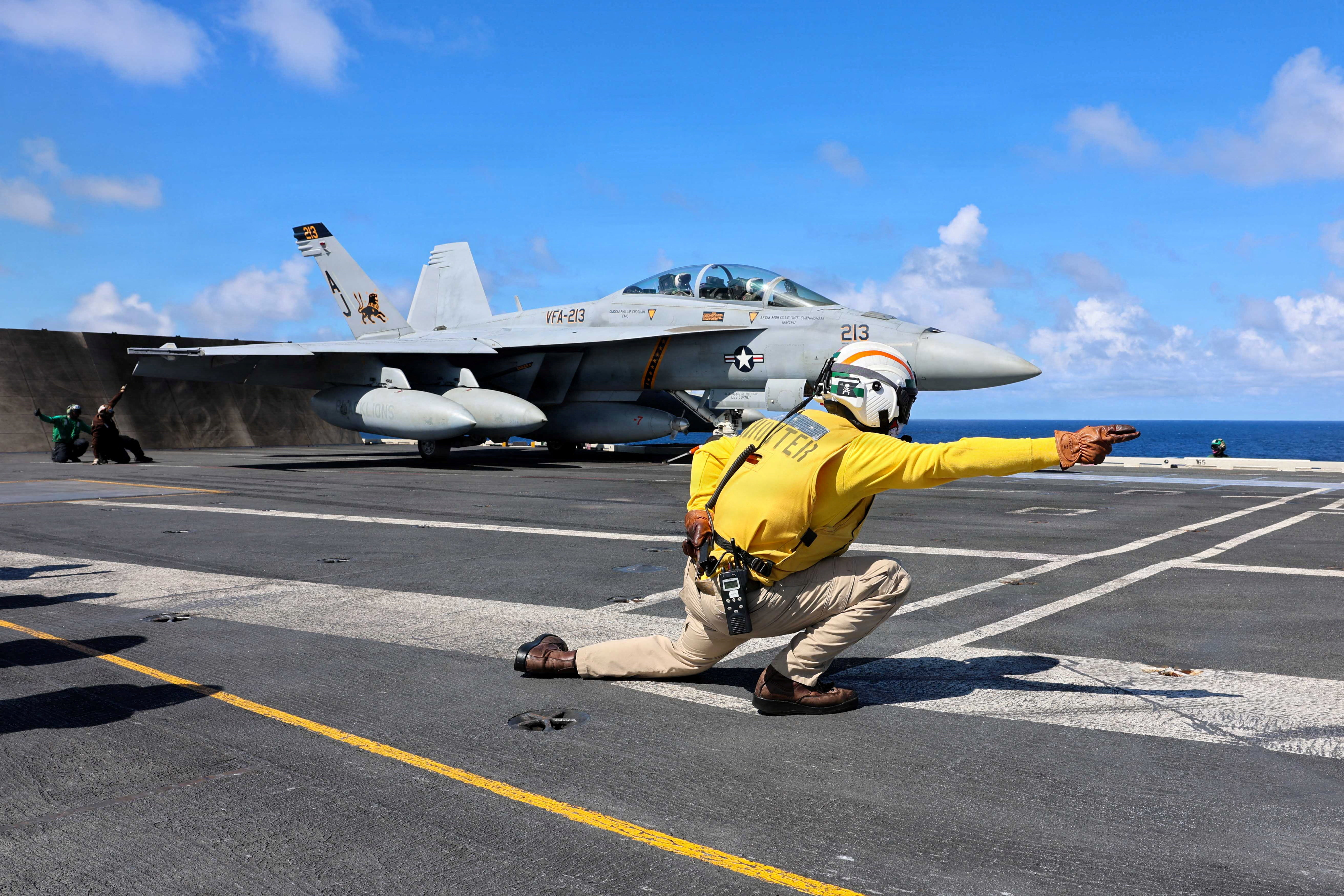 A U.S. Navy F/A-18F Super Hornet aircraft is launched from the aircraft carrier USS Gerald R. Ford while operating in the Caribbean Sea, November 18, 2025. Petty Officer 1st Class Jerome Johnson/U.S. Navy/Handout via REUTERS THIS IMAGE HAS BEEN SUPPLIED BY A THIRD PARTY