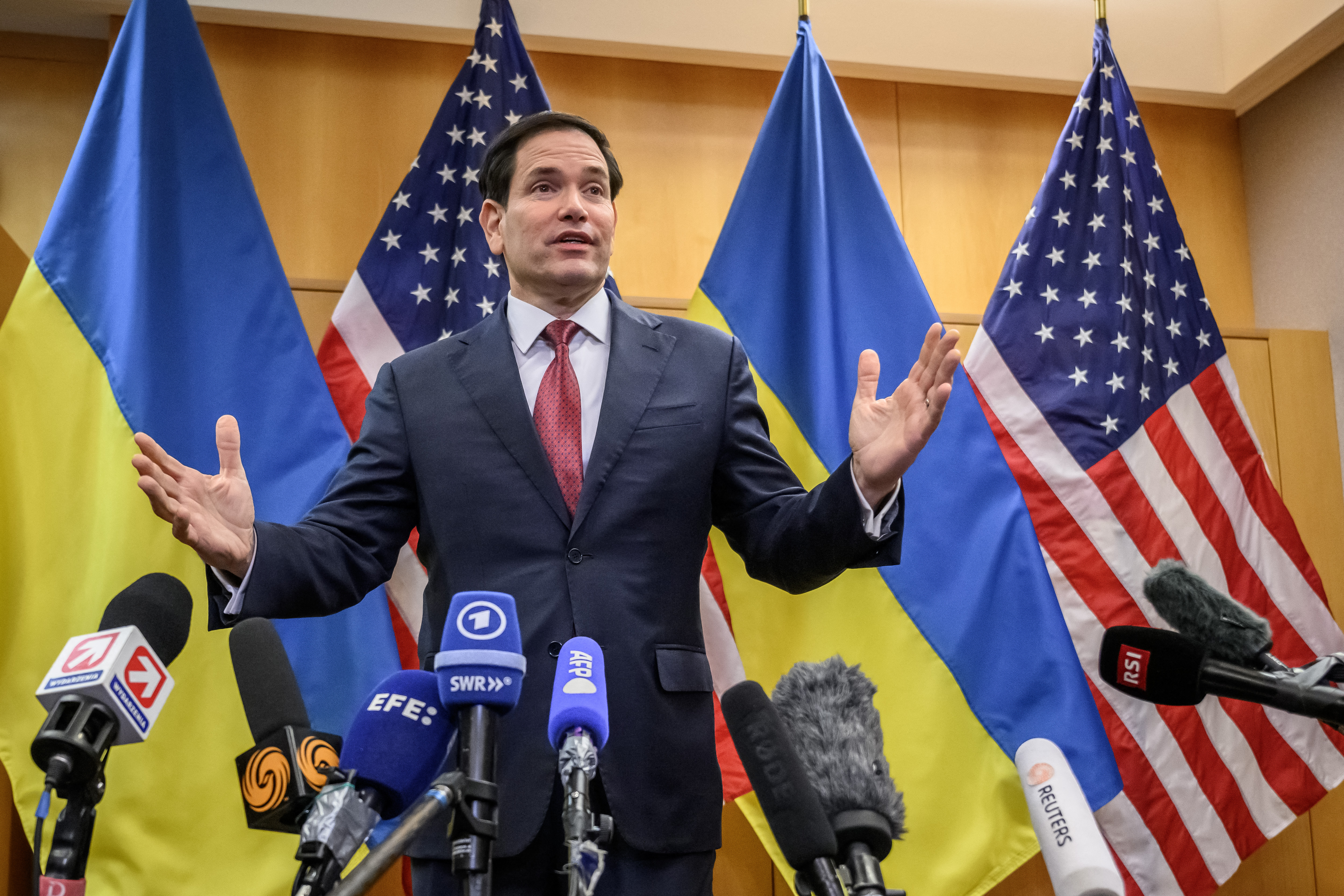 US Secretary of State Marco Rubio holds a press conference following closed-door talks on a US plan to end the war in Ukraine at the US Mission in Geneva, Switzerland on November 23, 2025.