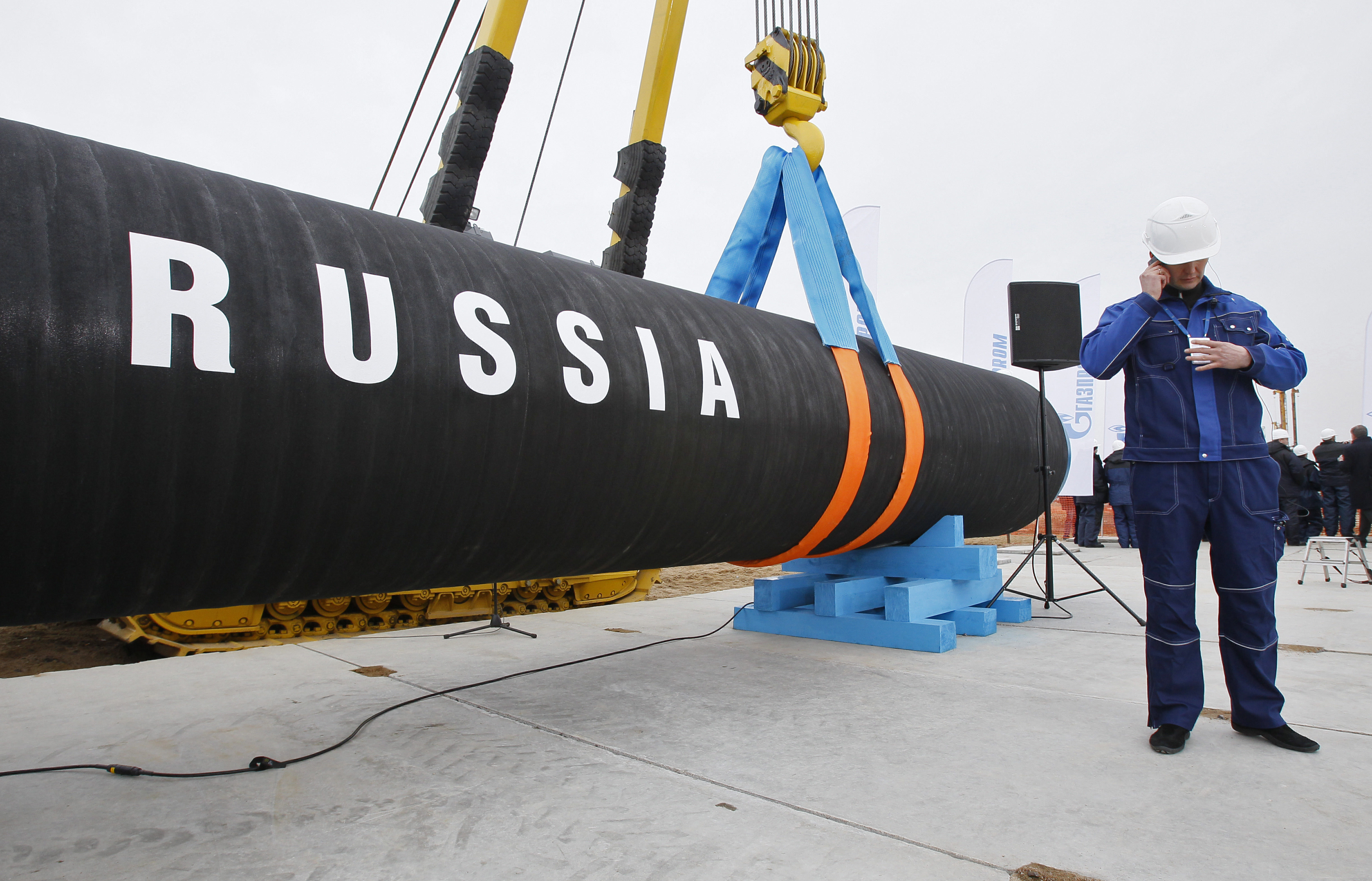 A Russian construction worker at the site of the Nord Stream pipeline construction in Portovaya Bay, about 170km (106 miles) northwest of St Petersburg, Russia, in 2010 [File: Dmitry Lovetsky/AP]