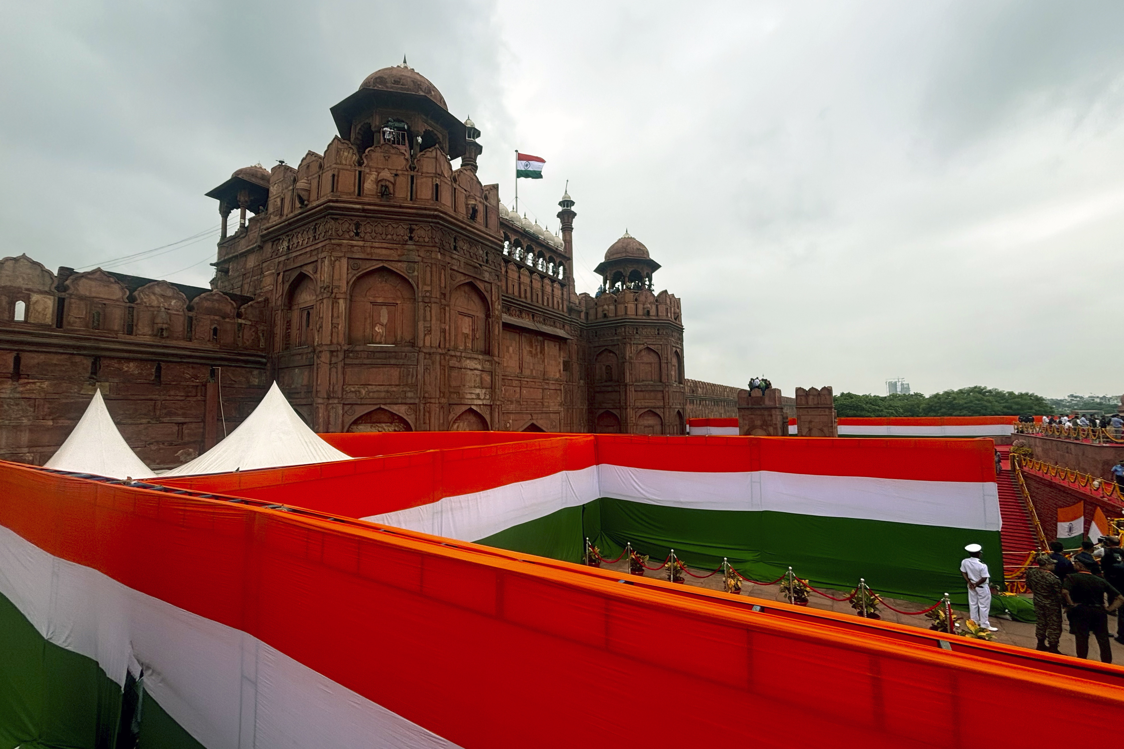 The front compound of the 17th century Mughal-era Red Fort monument is decorated in India's national colors for the country's Independence Day