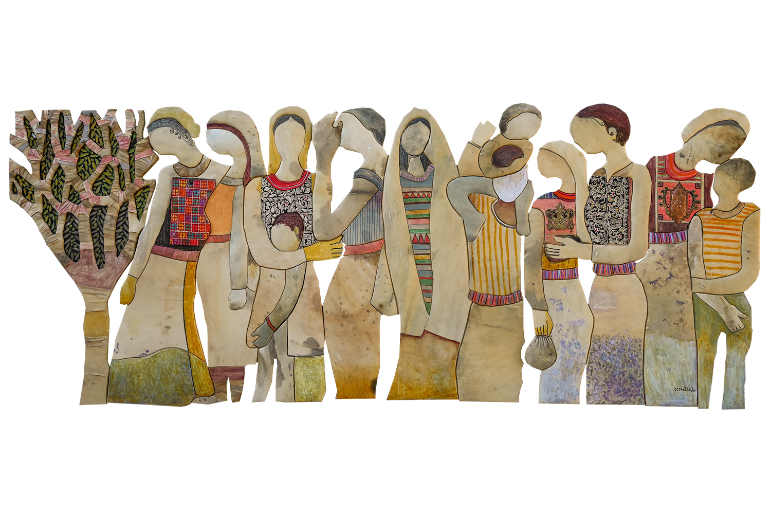 mixed media depicting a group of Palestinian villagers, with children, next to an olive tree