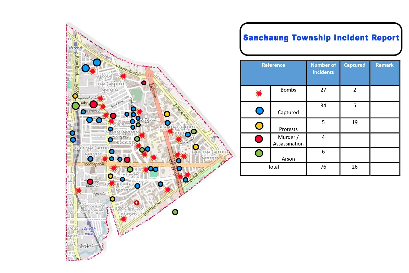 These maps detail urban guerrilla activity in Yangon including incidents of arson, bombs and assassinations.