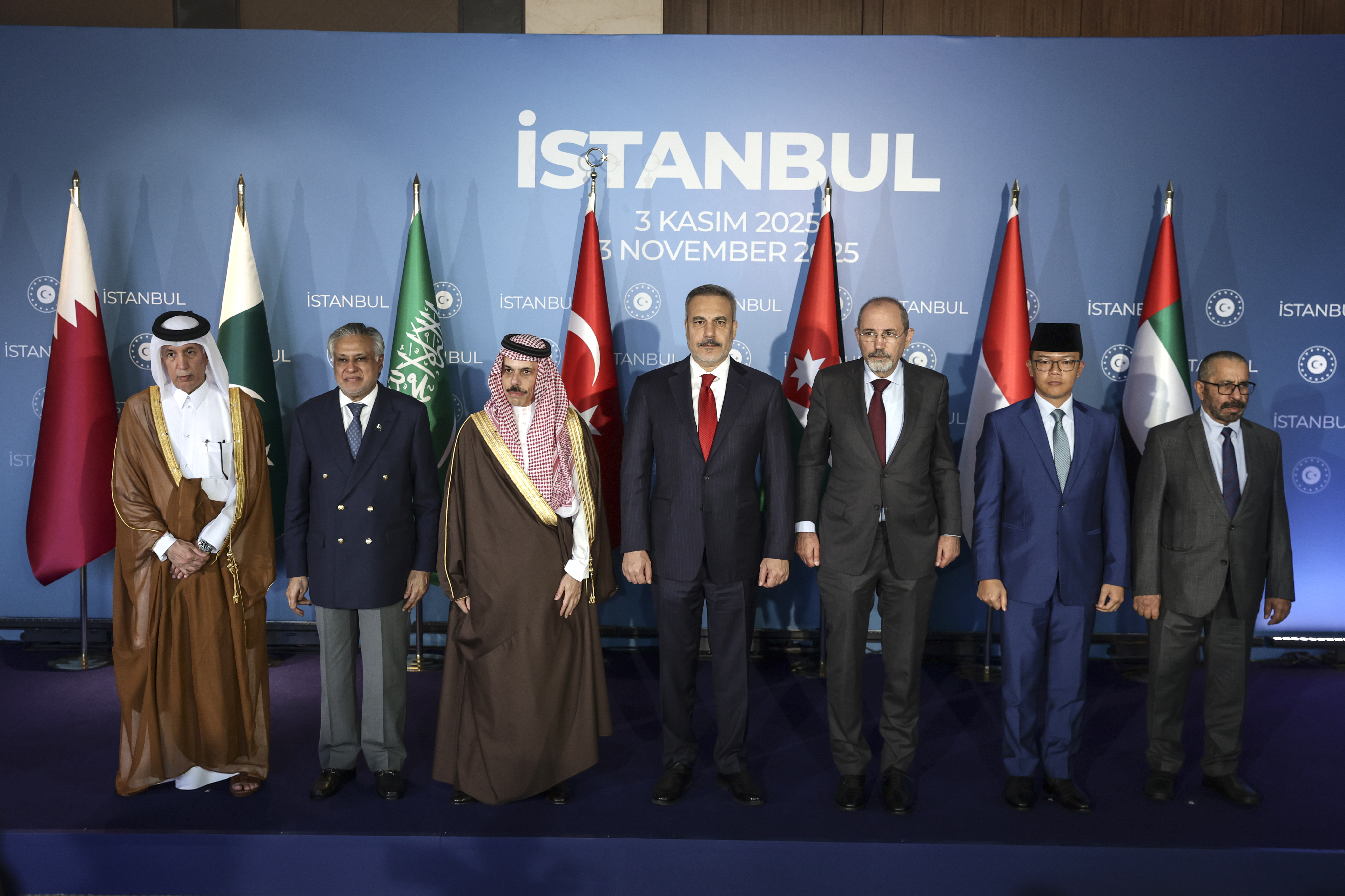 epa12500528 (L-R) Qatari Minister of State for Foreign Affairs Sultan bin Saad bin Sultan Al Muraikhi, Pakistani Deputy Prime Minister and Foreign Minister Ishaq Dar, Saudi Minister of Foreign Affairs Prince Faisal bin Farhan Al Saud, Turkish Foreign Minister Hakan Fidan, Jordanian Foreign Minister Ayman Safadi, Indonesian Minister for Foreign Affairs Sugiono, and Emirati Minister of State for Foreign Affairs and International Cooperation Khalifa Shaheen Al Marar pose for a family photo before a ministerial meeting on the Gaza ceasefire, in Istanbul, Turkey, 03 November 2025. Turkey's foreign minister is hosting a meeting about recent developments in Gaza following the 10 October ceasefire agreement. EPA/ERDEM SAHIN