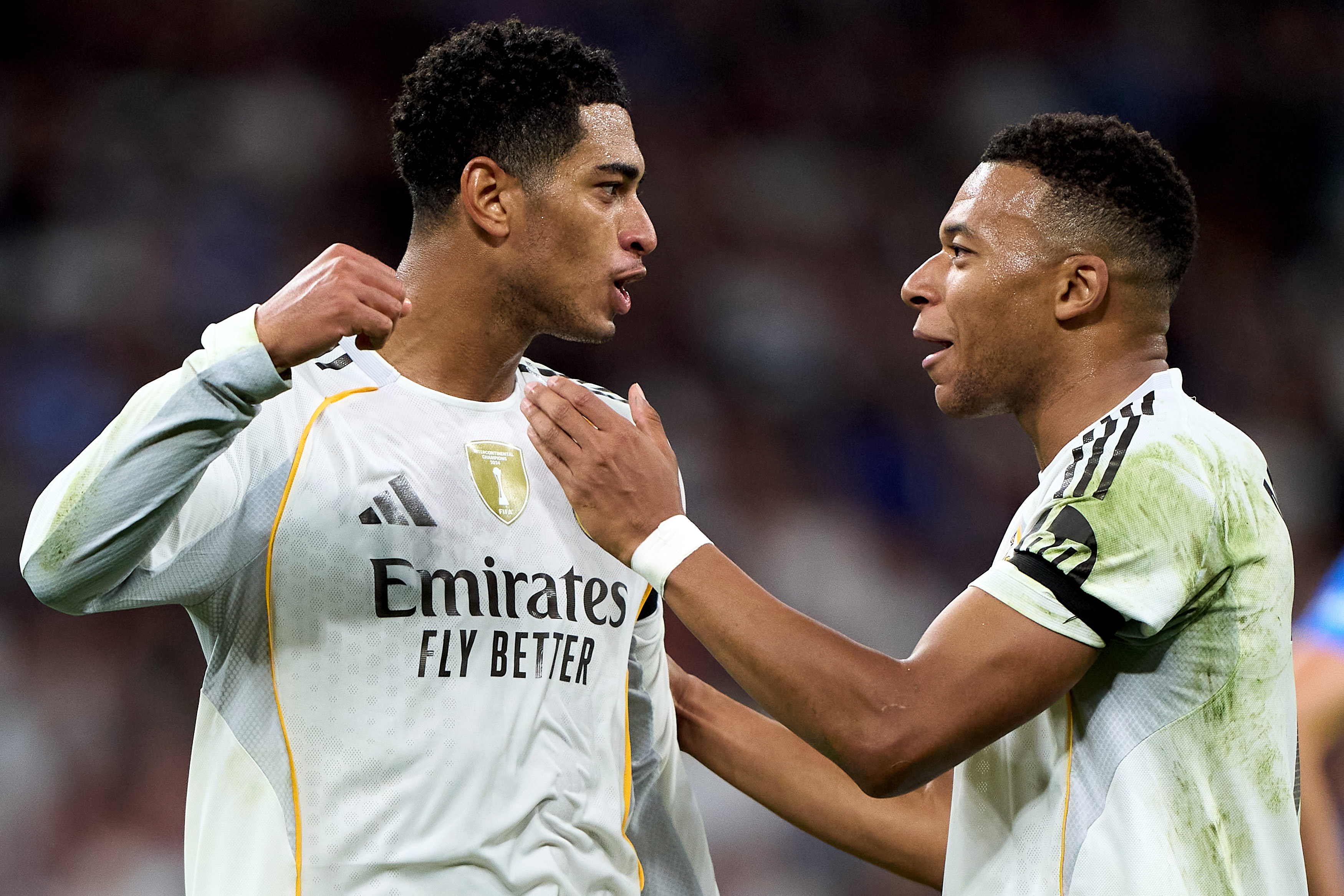 MADRID, SPAIN - NOVEMBER 01: Jude Bellingham of Real Madrid celebrates scoring his team's third goal with Kylian Mbappe during the LaLiga EA Sports match between Real Madrid CF and Valencia CF at Estadio Santiago Bernabeu on November 01, 2025 in Madrid, Spain. (Photo by Angel Martinez/Getty Images)