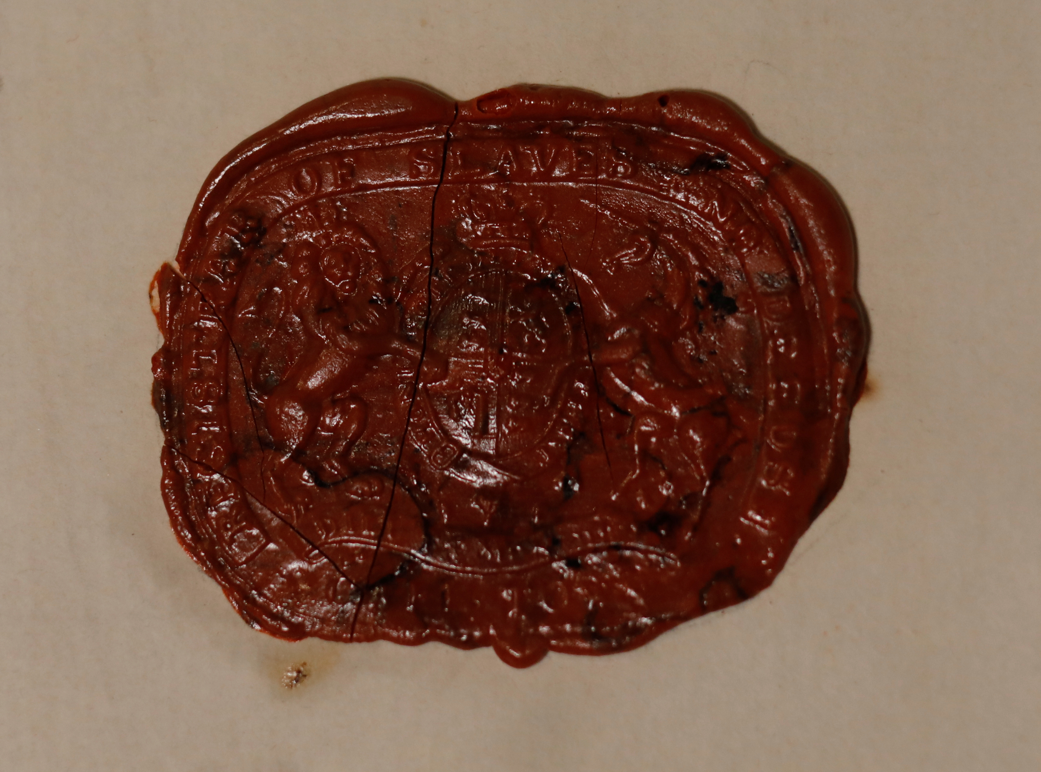 A seal from the Registrar of Slaves and Deeds is seen on display at the Slave Lodge Museum in Cape Town