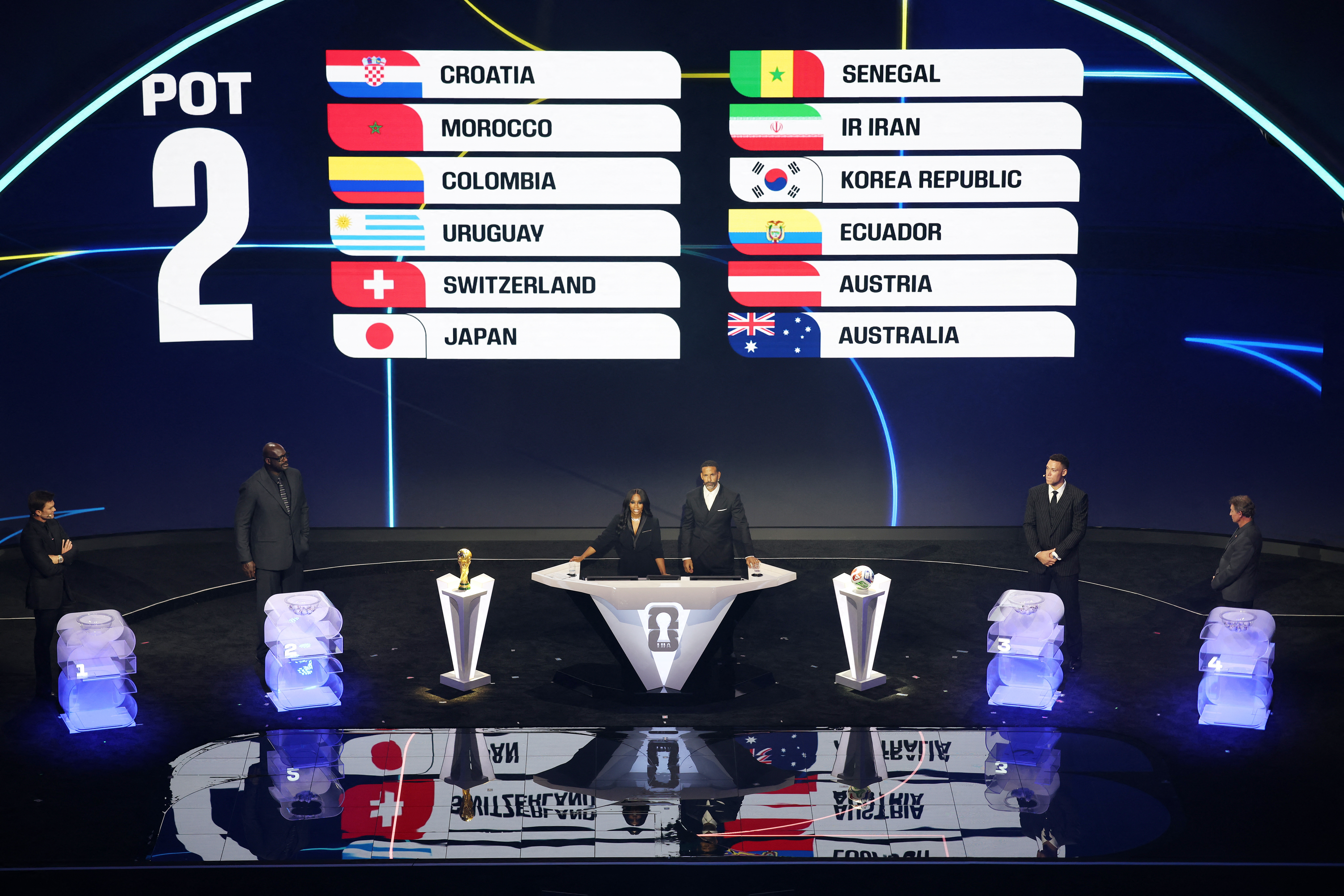 Soccer Football - FIFA World Cup 2026 - FIFA World Cup 2026 Draw - John F. Kennedy Center for the Performing Arts, Washington, D.C., U.S. - December 5, 2025 General view of the teams in pot 2 displayed on stage during the FIFA World Cup 2026 draw REUTERS/Carlos Barria